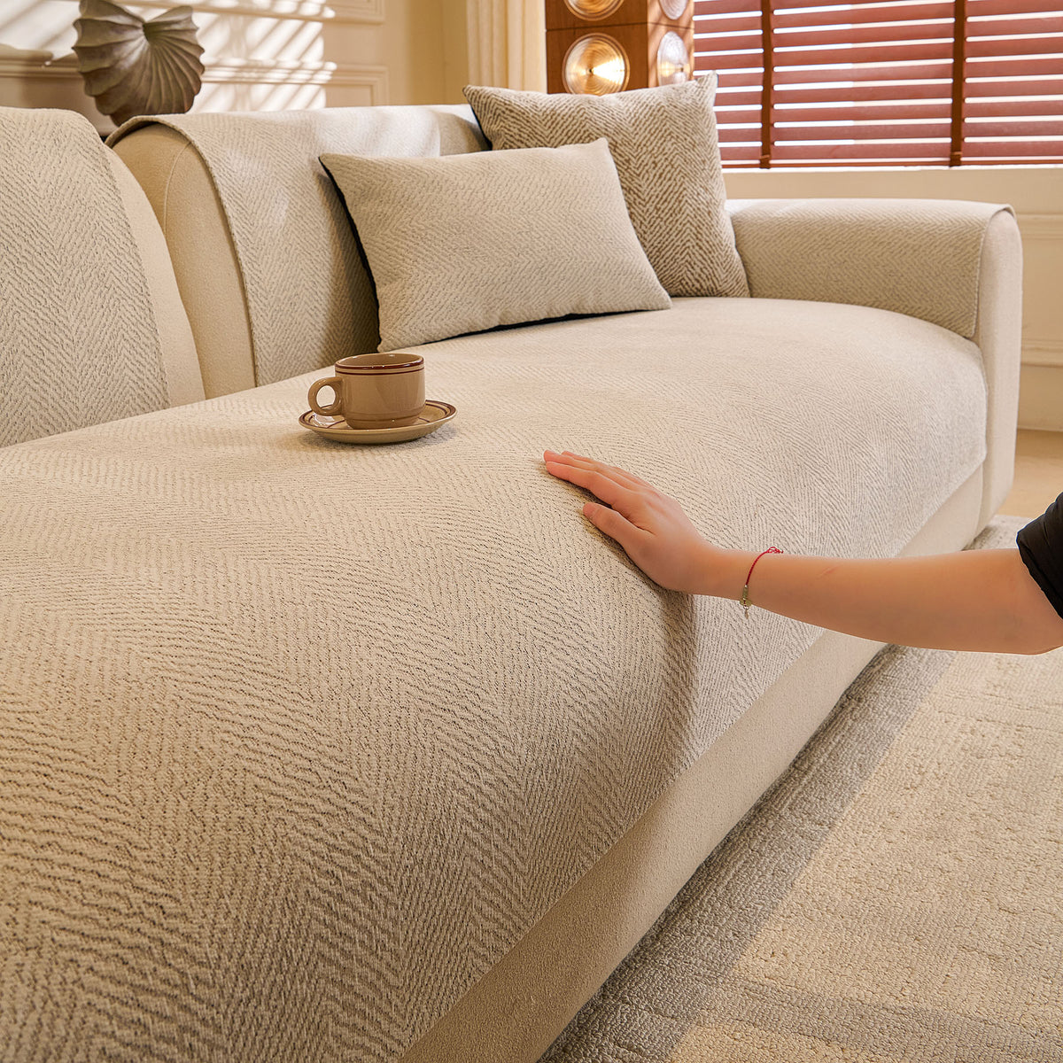 Chenille Herringbone Sofa Protector, Soft Non-Slip Couch Cover with Silicone Backing
