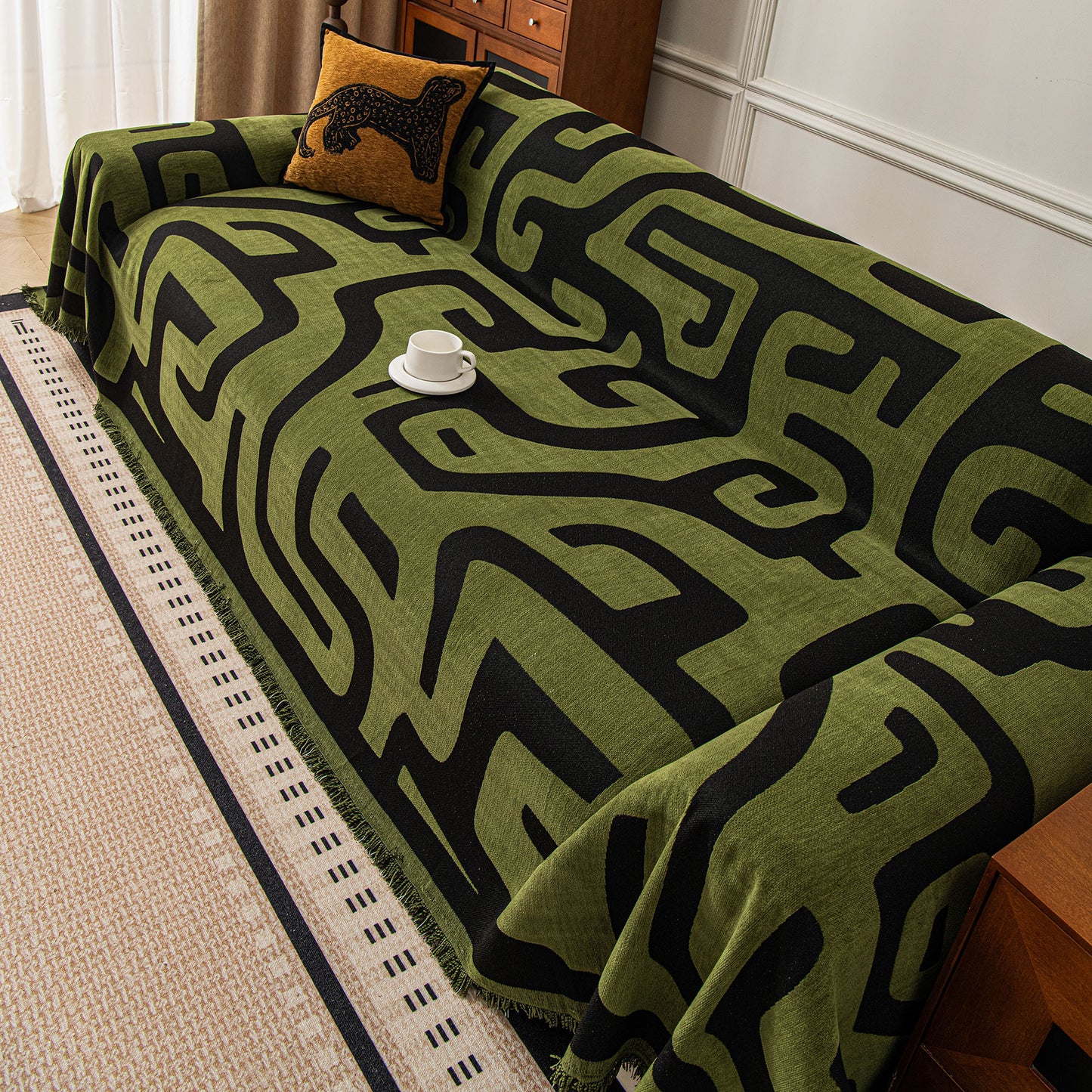 Modern Boho Chenille Sofa Cover Throw Blanket, Abstract Geometric Pattern Couch Cover