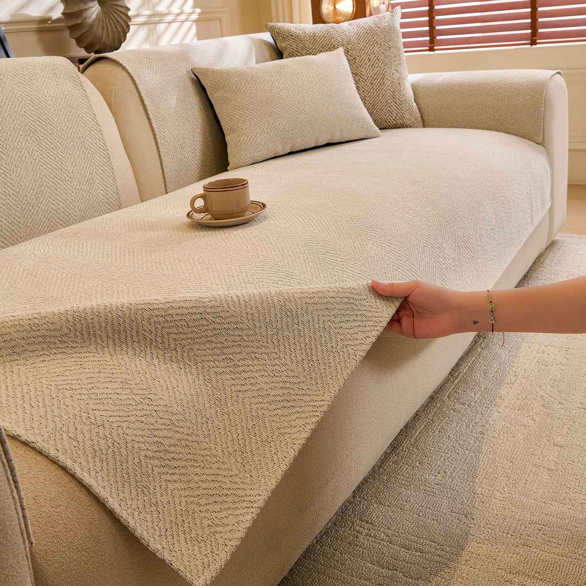 Chenille Herringbone Sofa Protector, Soft Non-Slip Couch Cover with Silicone Backing