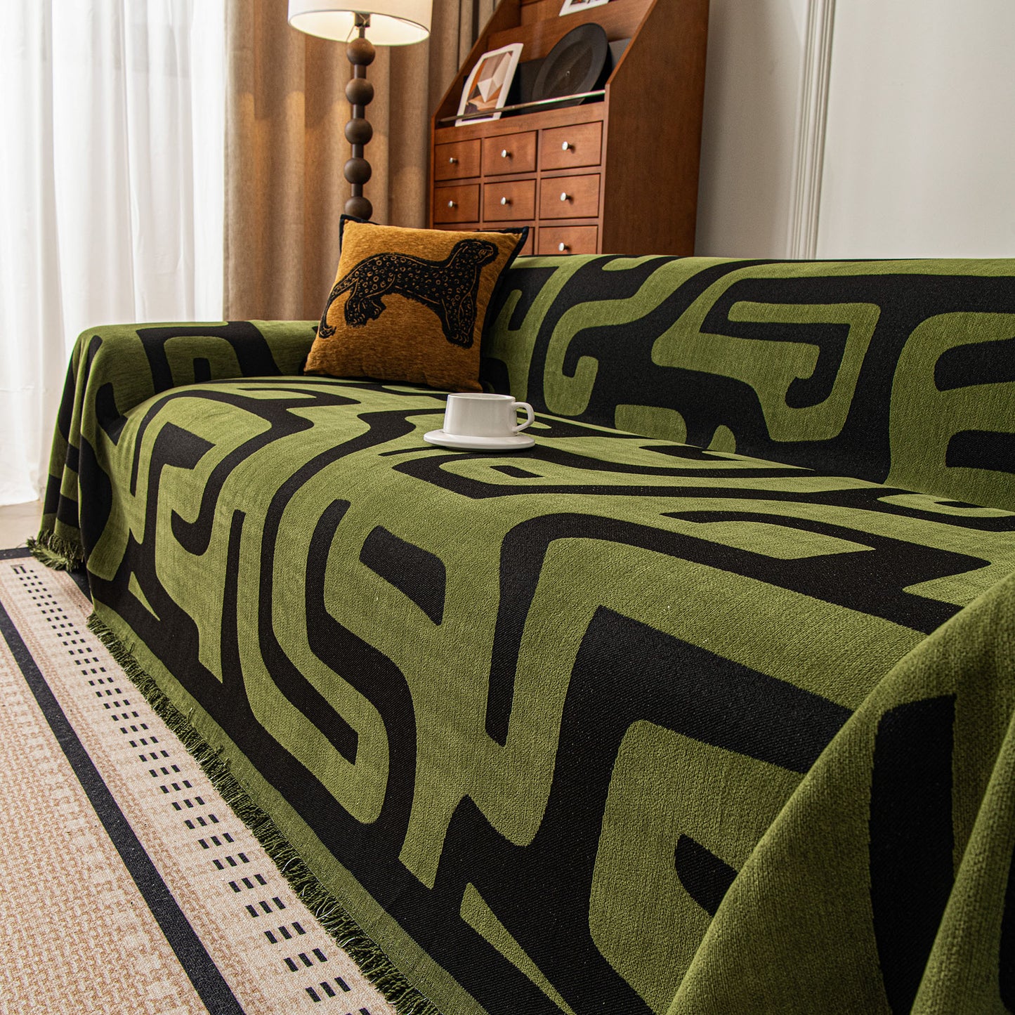 Modern Boho Chenille Sofa Cover Throw Blanket, Abstract Geometric Pattern Couch Cover