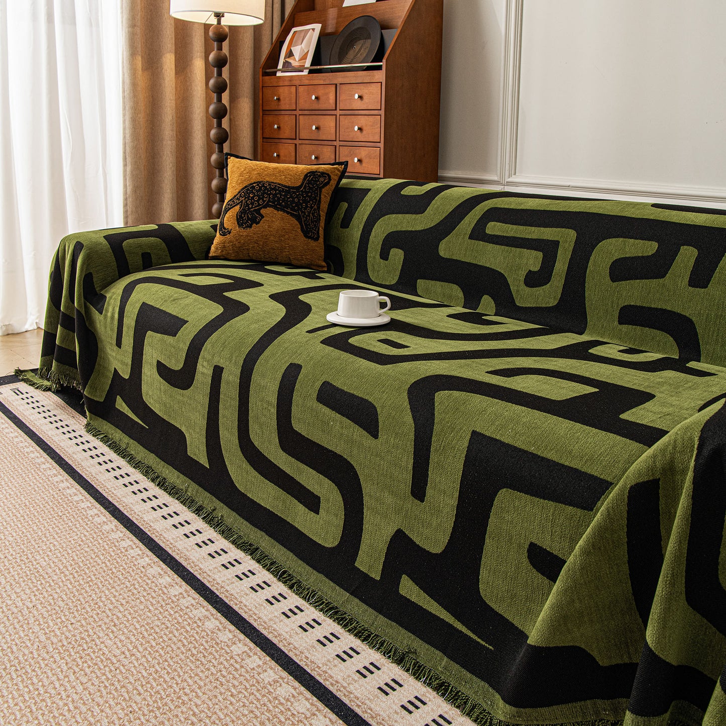 Modern Boho Chenille Sofa Cover Throw Blanket, Abstract Geometric Pattern Couch Cover