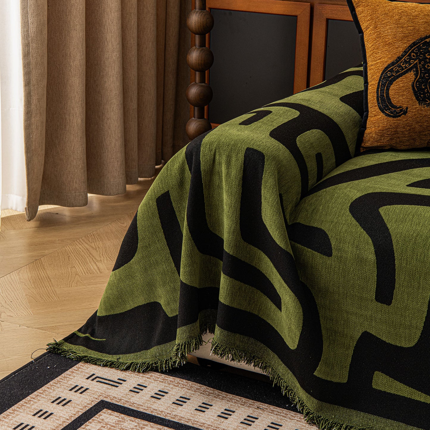 Modern Boho Chenille Sofa Cover Throw Blanket, Abstract Geometric Pattern Couch Cover