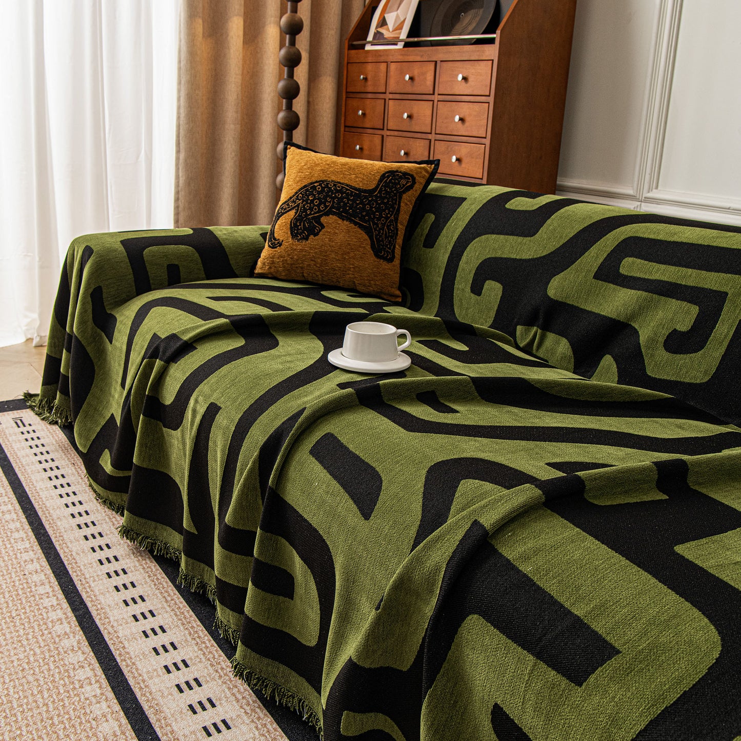 Modern Boho Chenille Sofa Cover Throw Blanket, Abstract Geometric Pattern Couch Cover