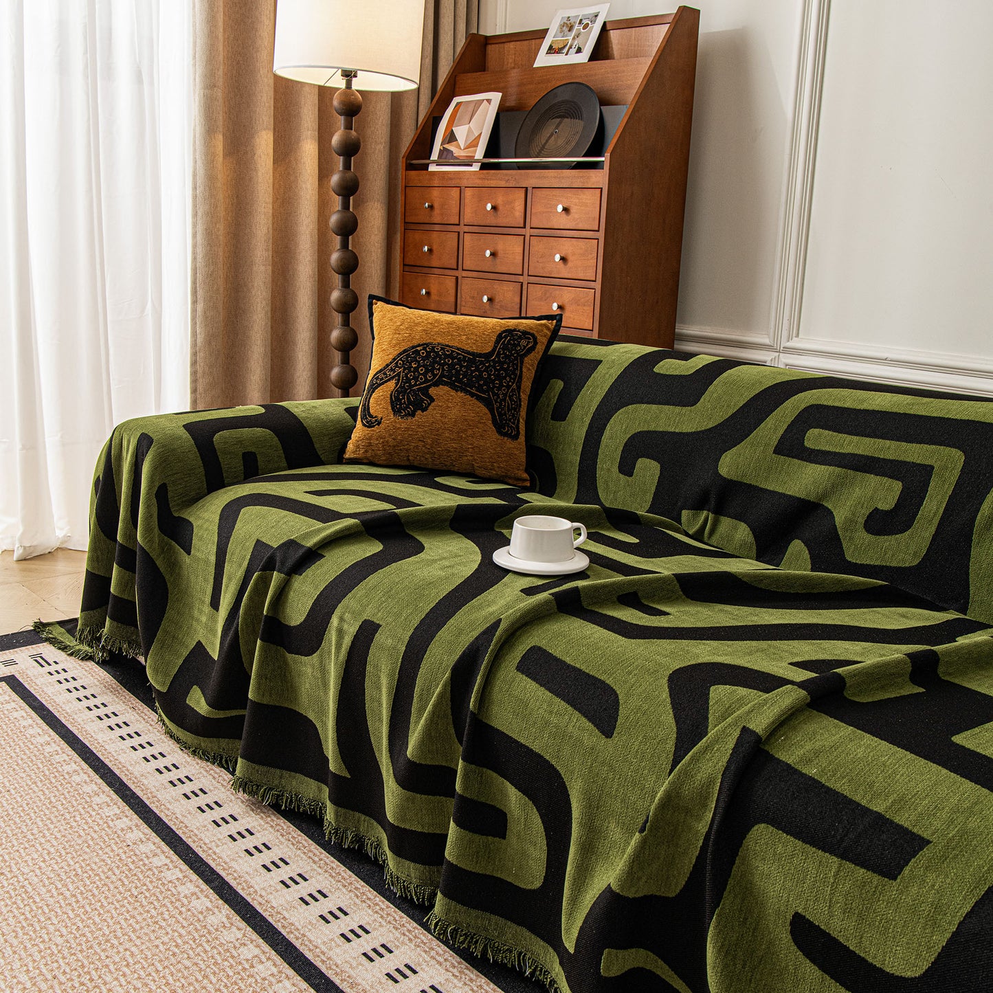 Modern Boho Chenille Sofa Cover Throw Blanket, Abstract Geometric Pattern Couch Cover