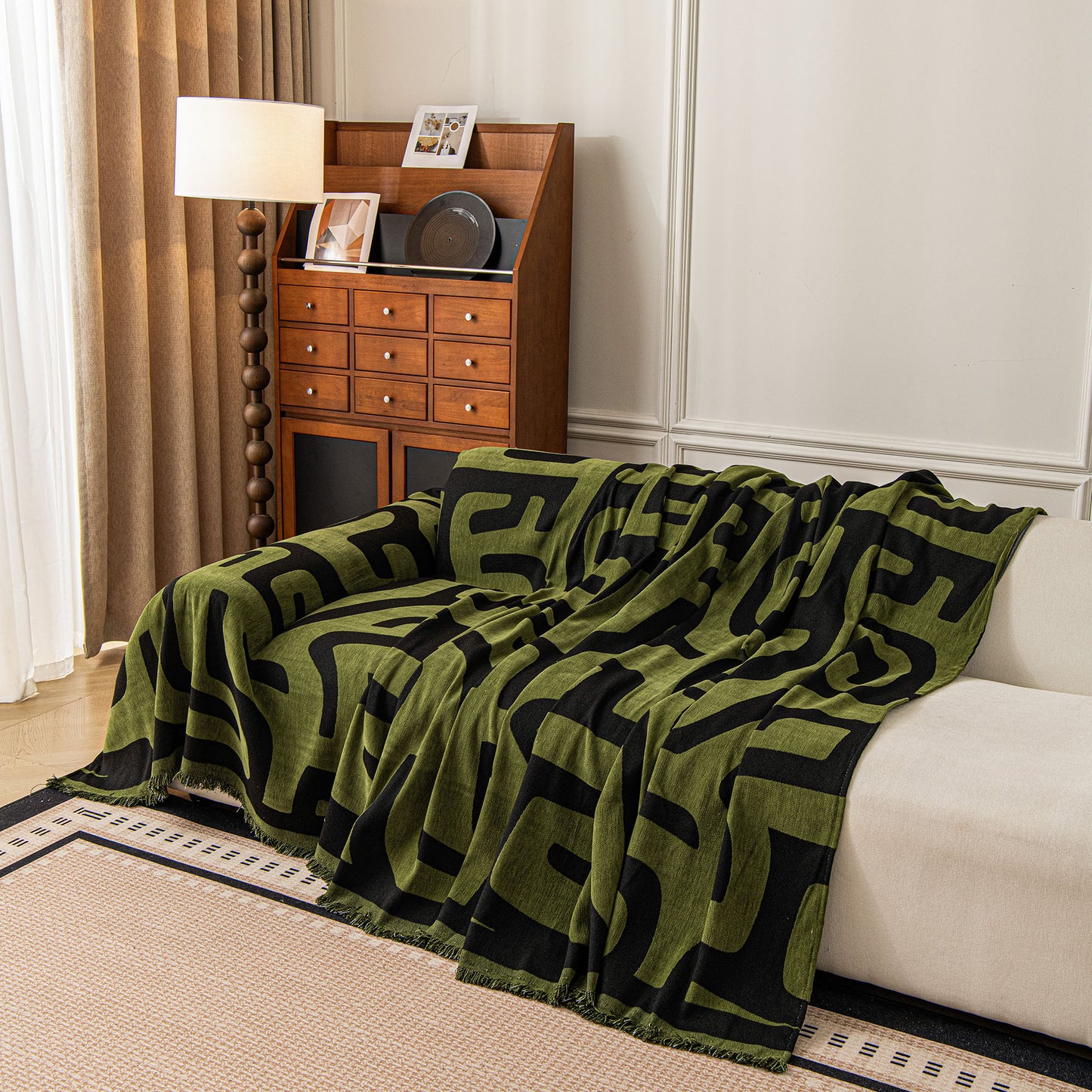 Modern Boho Chenille Sofa Cover Throw Blanket, Abstract Geometric Pattern Couch Cover