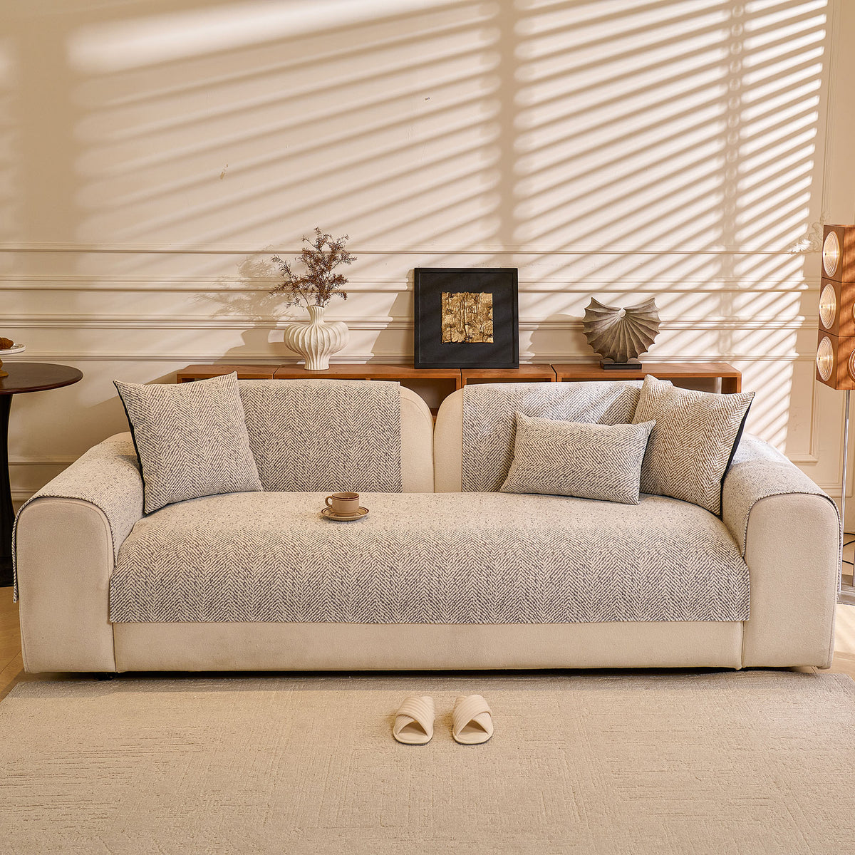Chenille Herringbone Sofa Protector, Soft Non-Slip Couch Cover with Silicone Backing