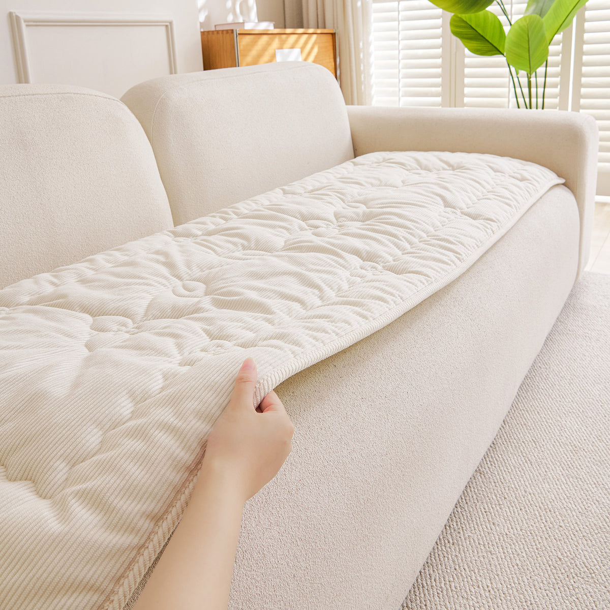 Quilted Corduroy Couch Topper, Non-Slip Soft Padded Sofa Protector Cover for Pets, Kids
