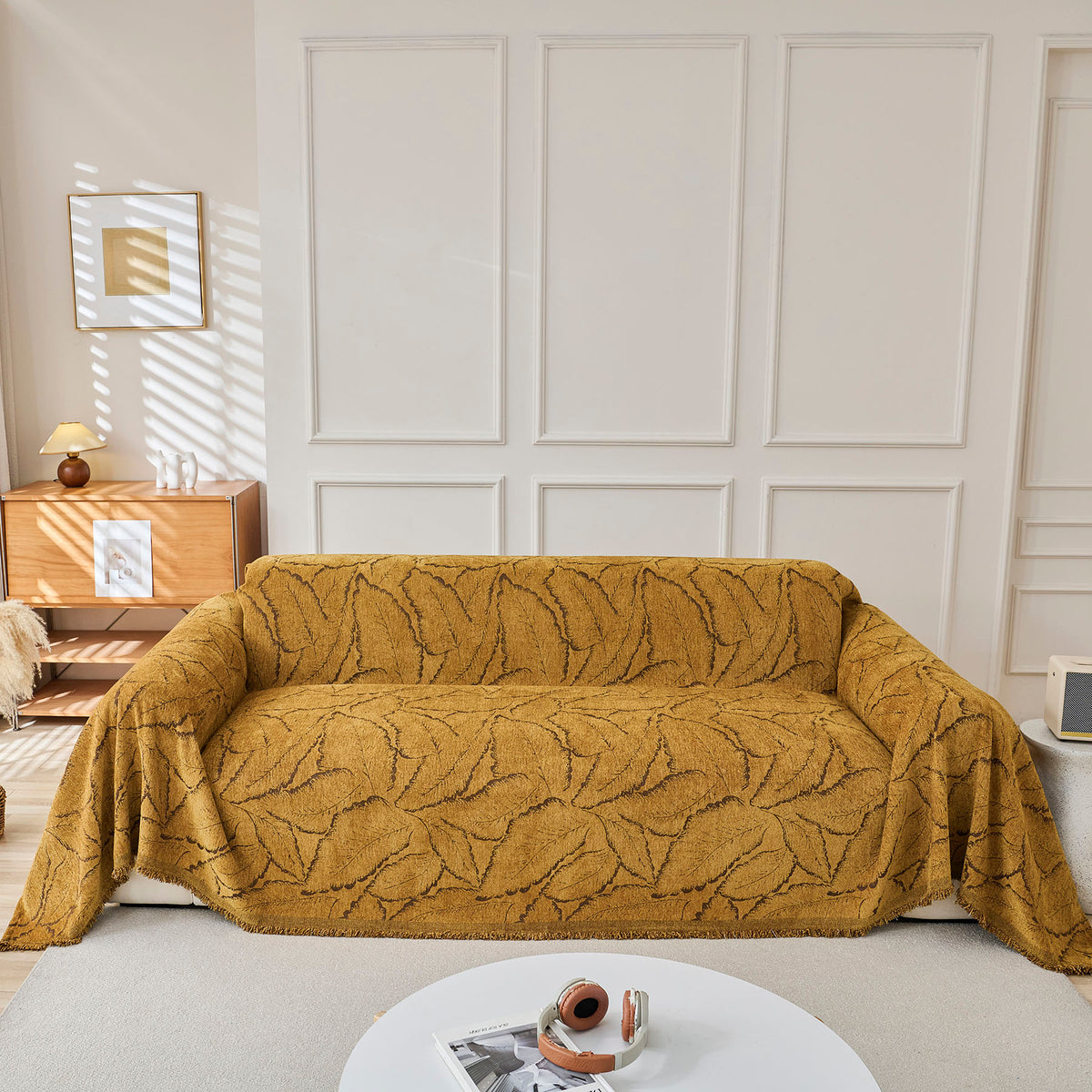 Oversized Leaf Sofa Throw Cover, Botanical Textured Couch Cover for Sectional Sofa