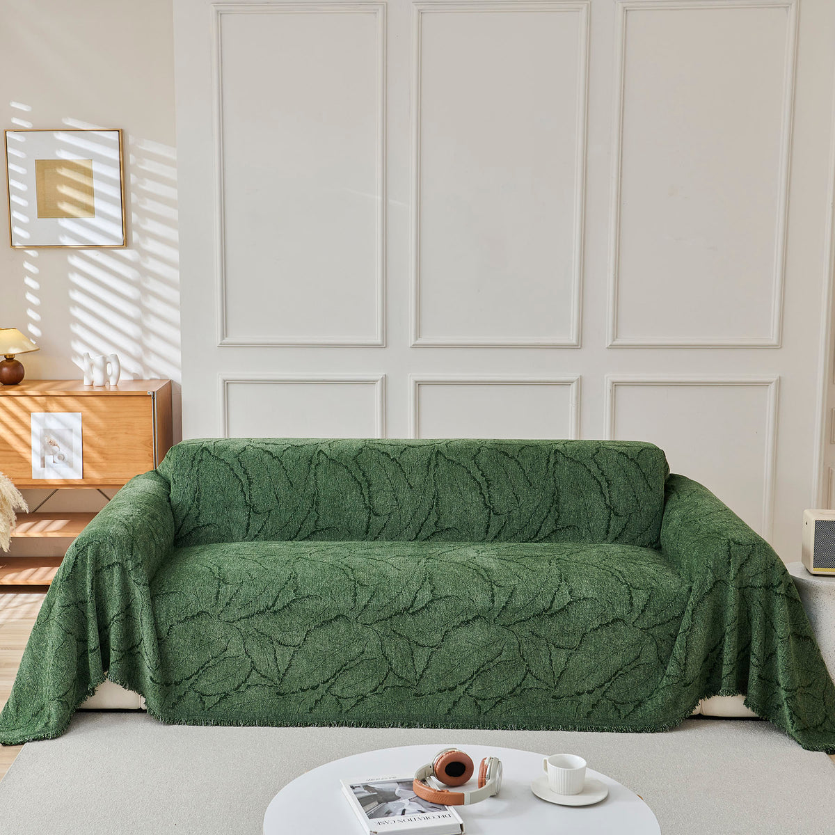 Oversized Leaf Sofa Throw Cover, Botanical Textured Couch Cover for Sectional Sofa