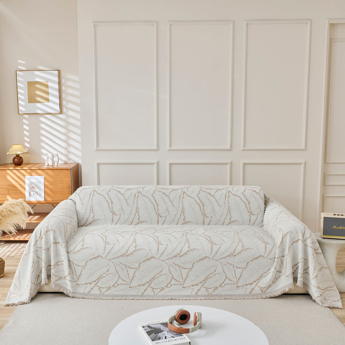 Oversized Leaf Sofa Throw Cover, Botanical Textured Couch Cover for Sectional Sofa