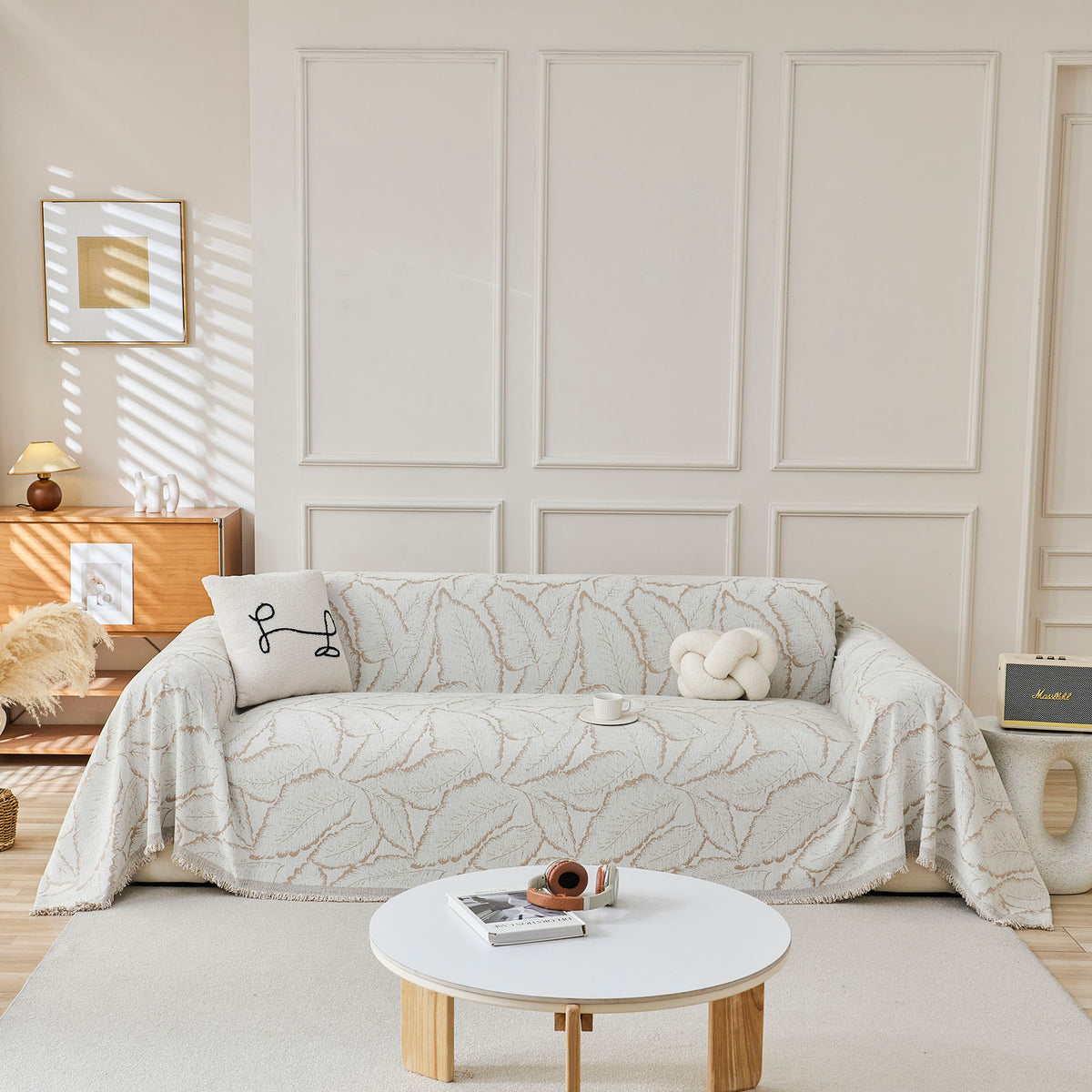 Oversized Leaf Sofa Throw Cover, Botanical Textured Couch Cover for Sectional Sofa