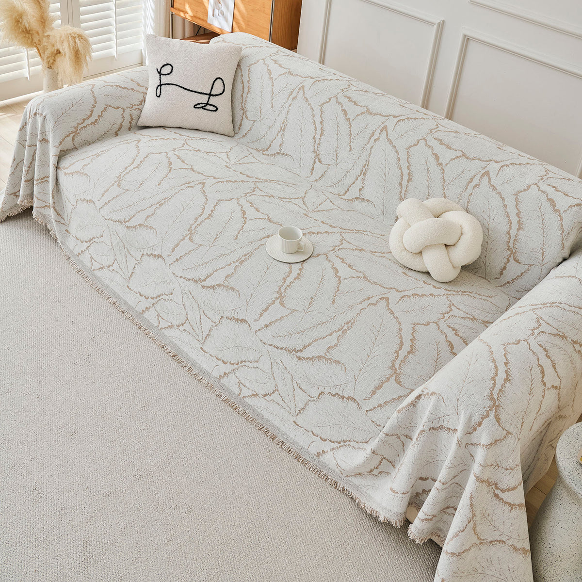 Oversized Leaf Sofa Throw Cover, Botanical Textured Couch Cover for Sectional Sofa