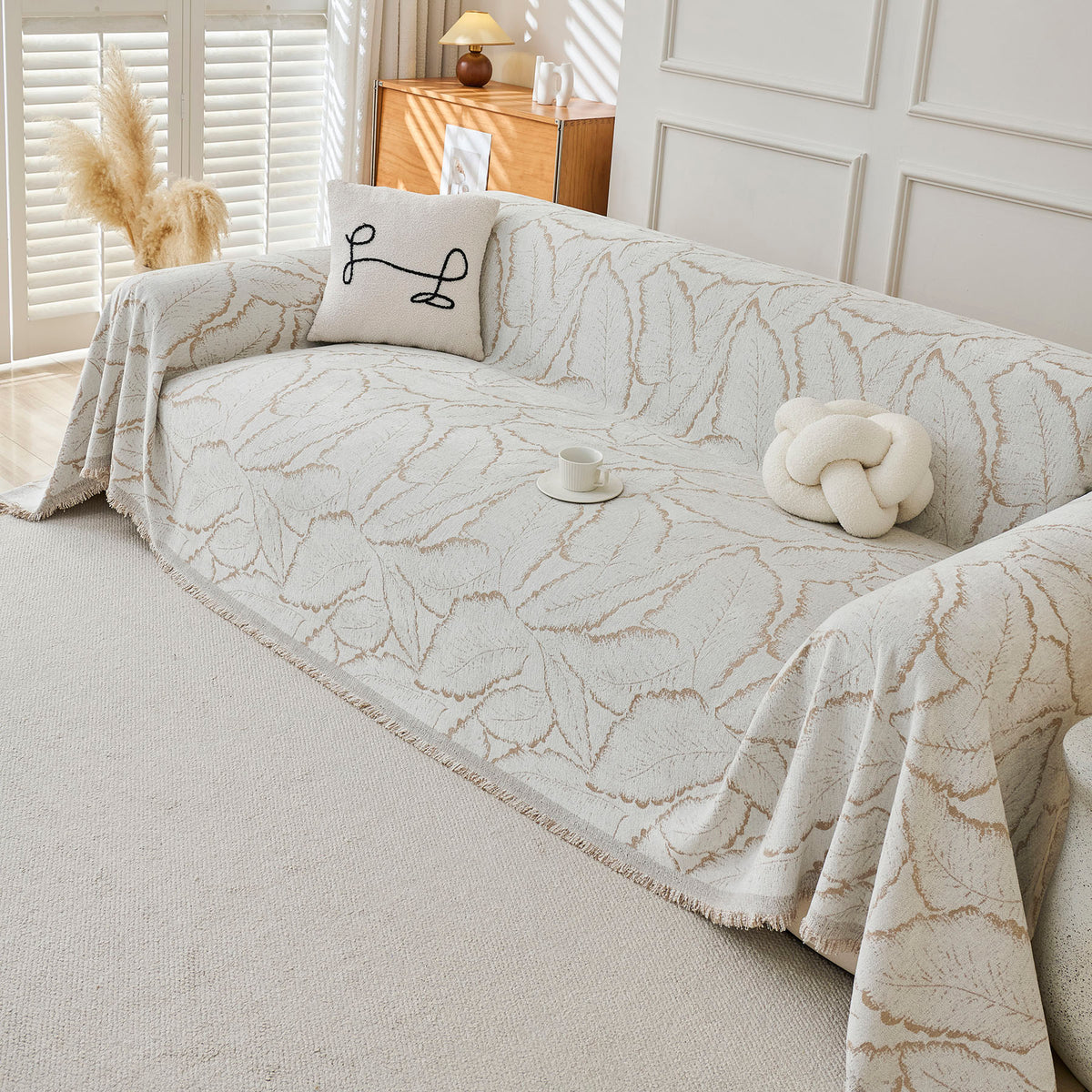 Oversized Leaf Sofa Throw Cover, Botanical Textured Couch Cover for Sectional Sofa