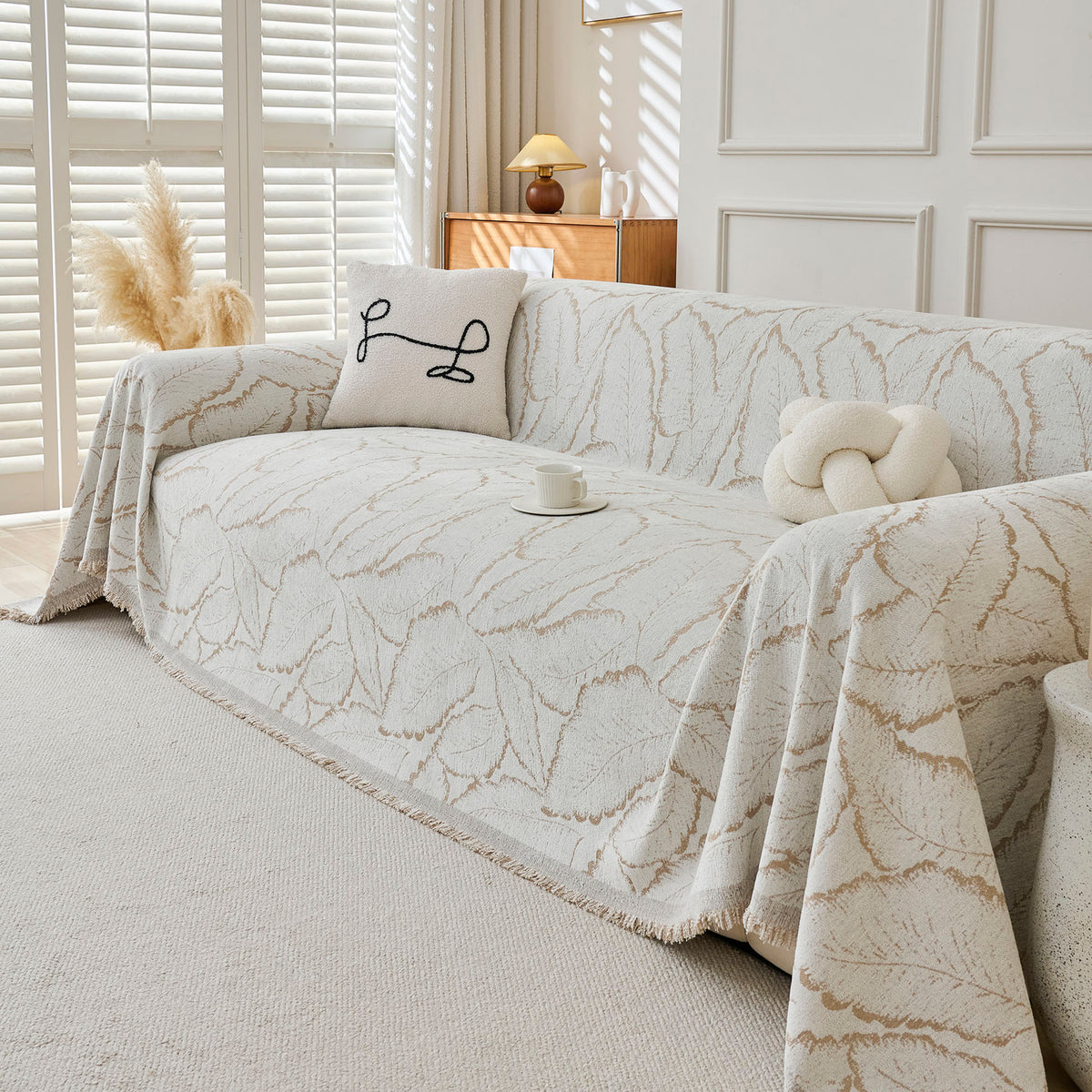 Oversized Leaf Sofa Throw Cover, Botanical Textured Couch Cover for Sectional Sofa
