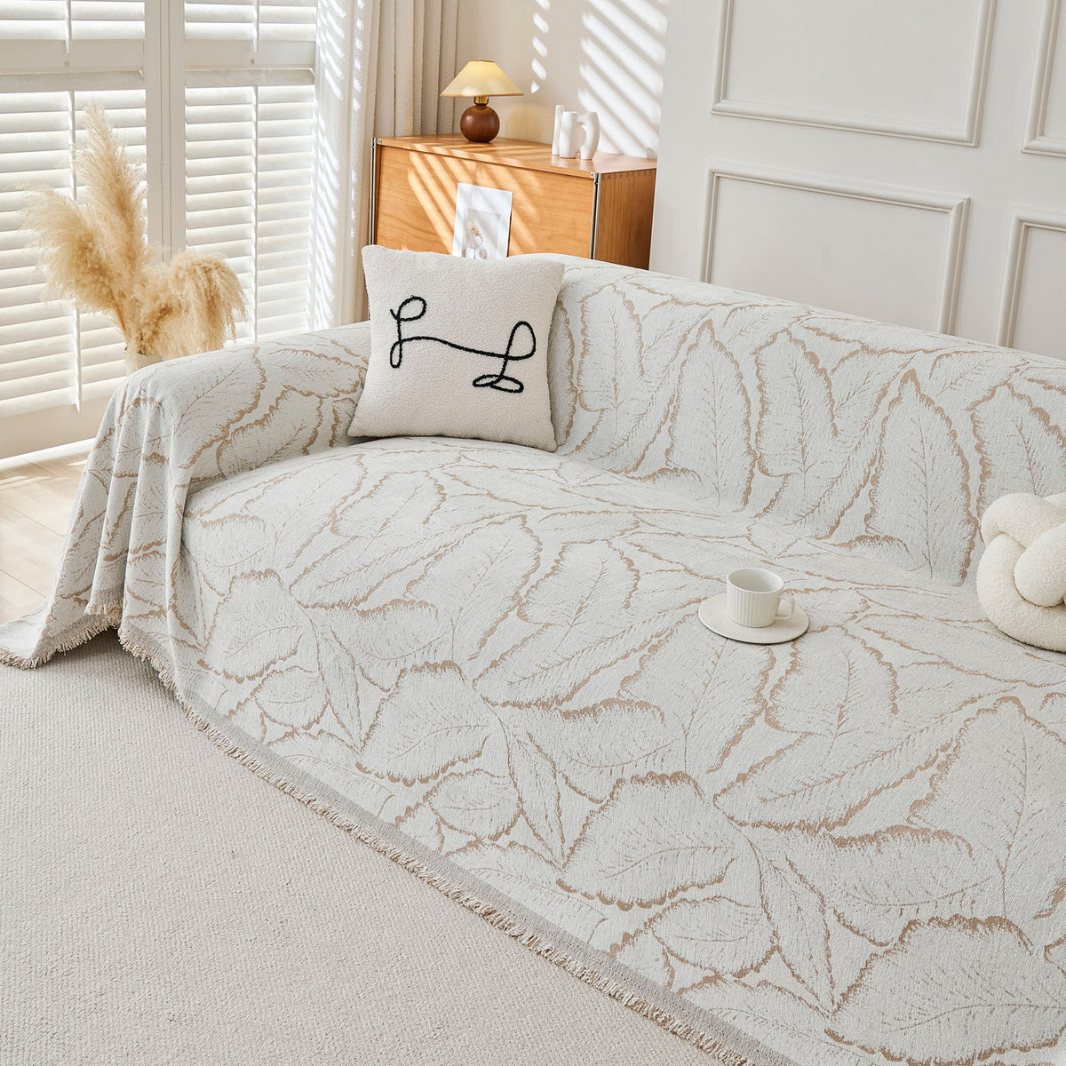 Oversized Leaf Sofa Throw Cover, Botanical Textured Couch Cover for Sectional Sofa