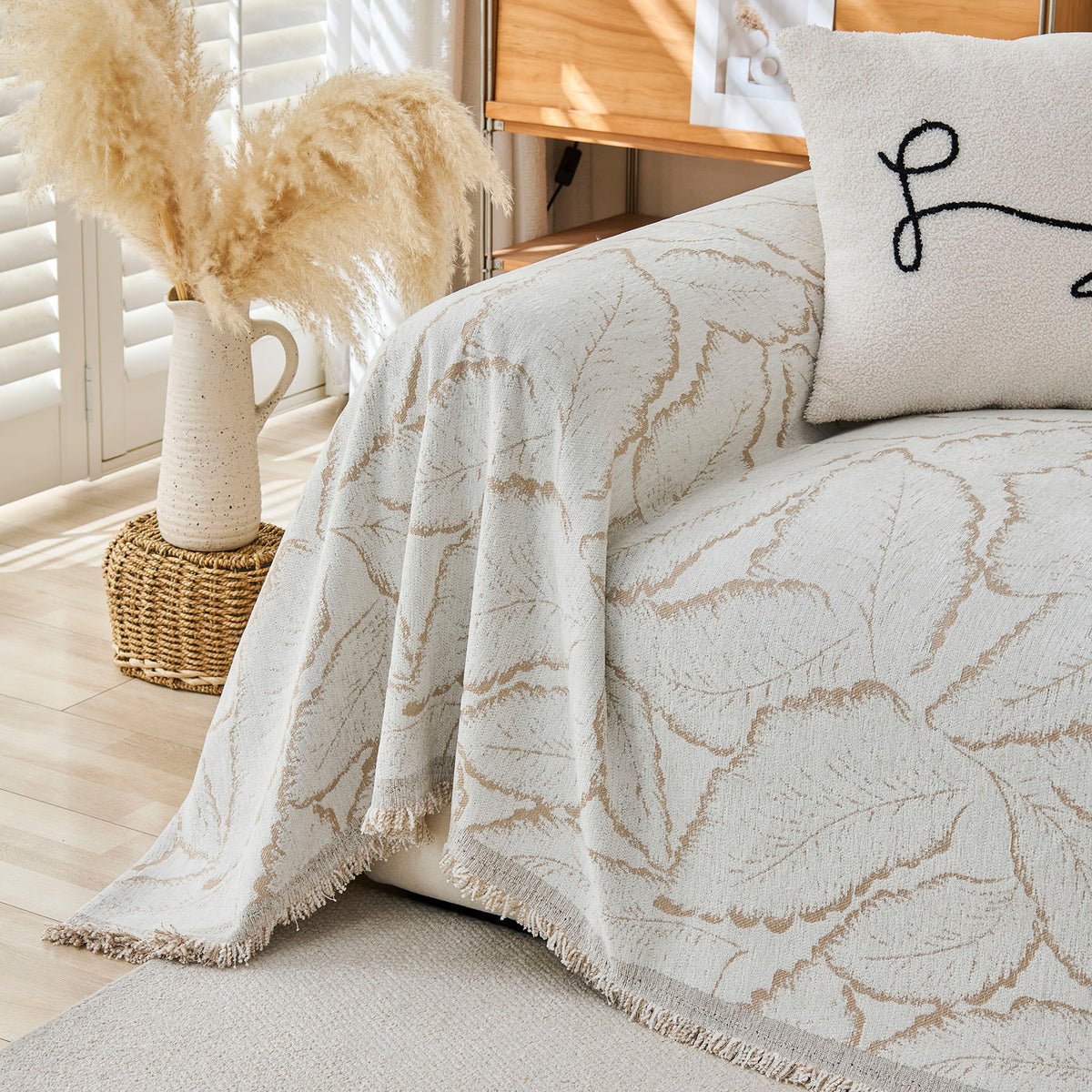 Oversized Leaf Sofa Throw Cover, Botanical Textured Couch Cover for Sectional Sofa
