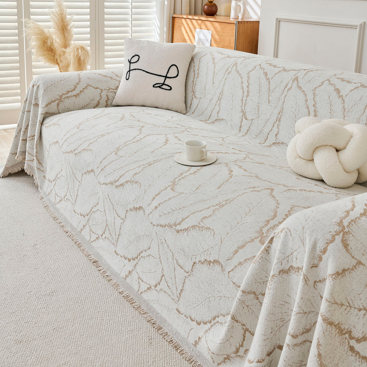 Oversized Leaf Sofa Throw Cover, Botanical Textured Couch Cover for Sectional Sofa