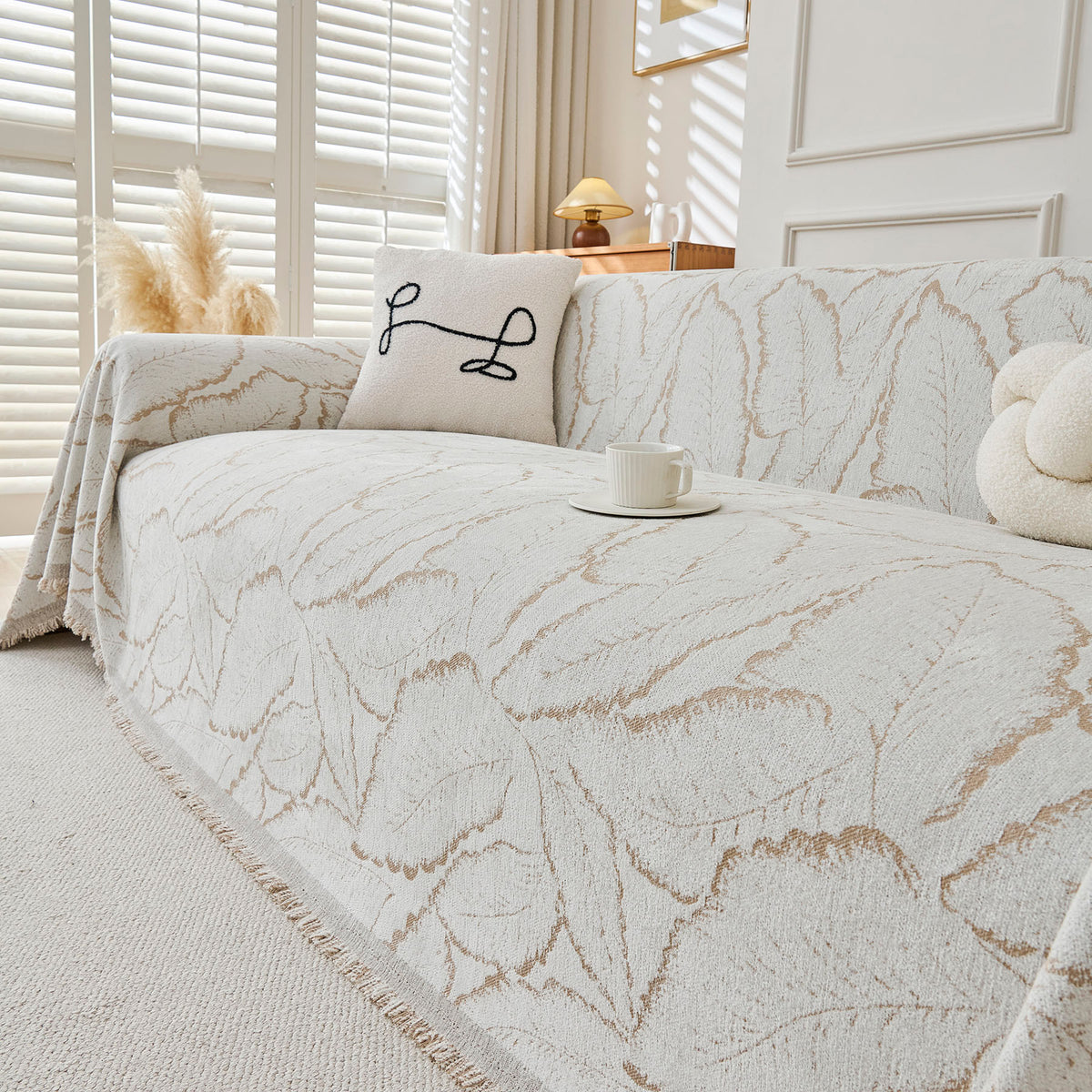 Oversized Leaf Sofa Throw Cover, Botanical Textured Couch Cover for Sectional Sofa