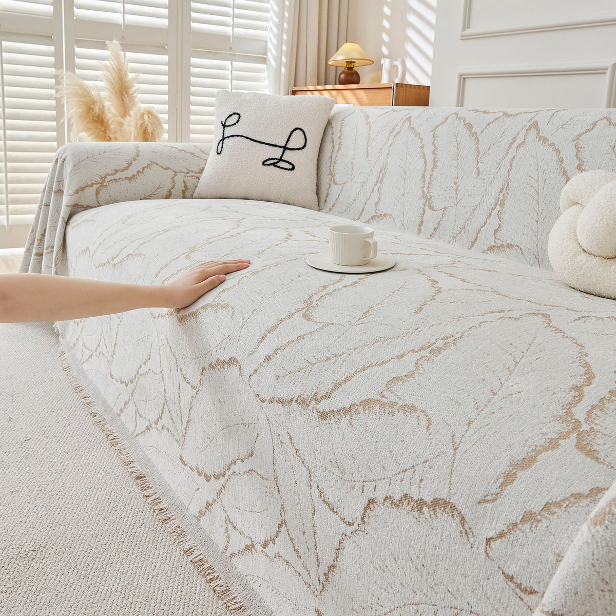 Oversized Leaf Sofa Throw Cover, Botanical Textured Couch Cover for Sectional Sofa