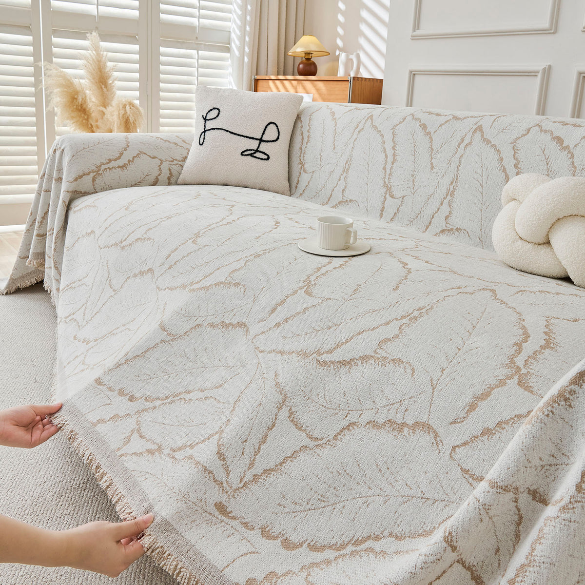 Oversized Leaf Sofa Throw Cover, Botanical Textured Couch Cover for Sectional Sofa