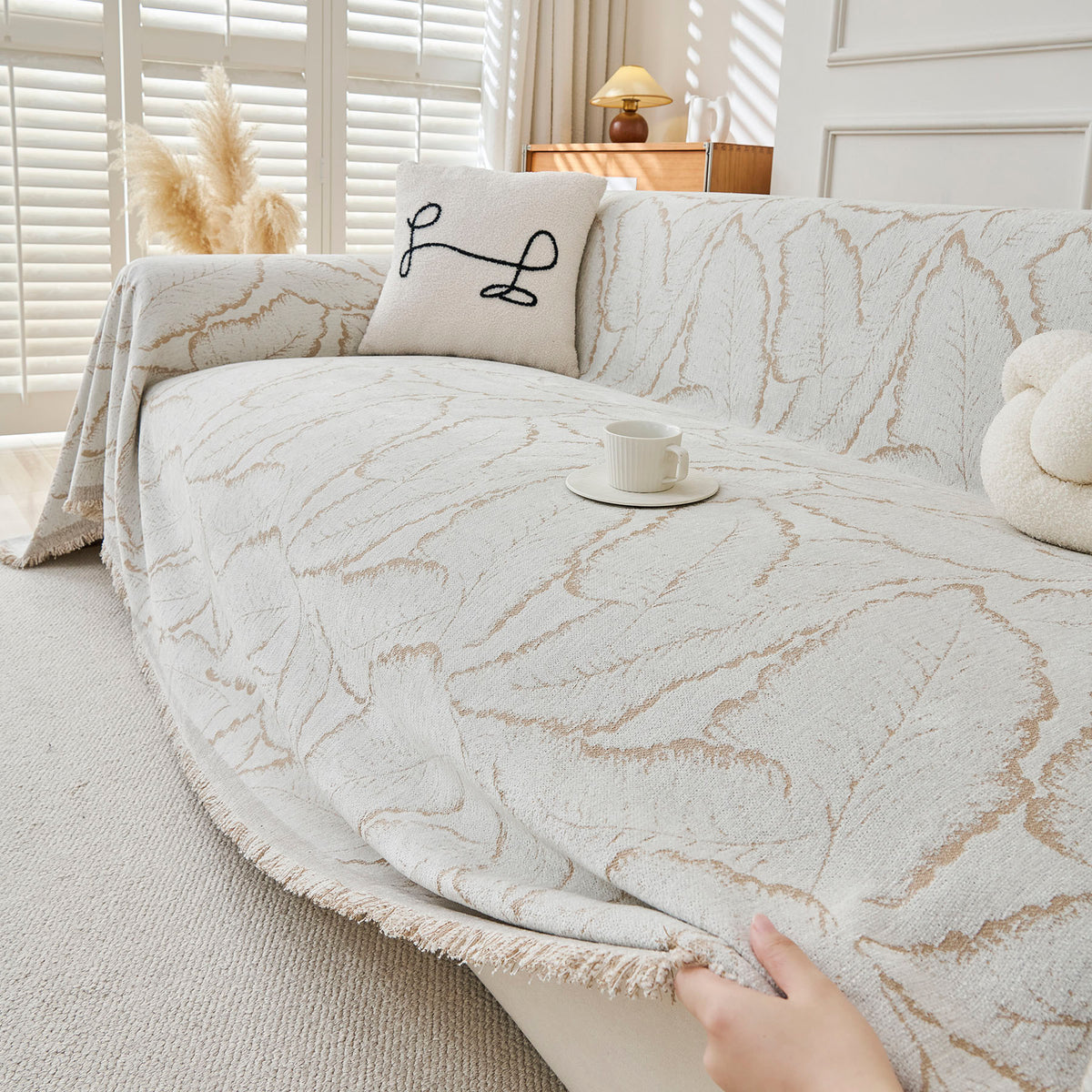 Oversized Leaf Sofa Throw Cover, Botanical Textured Couch Cover for Sectional Sofa