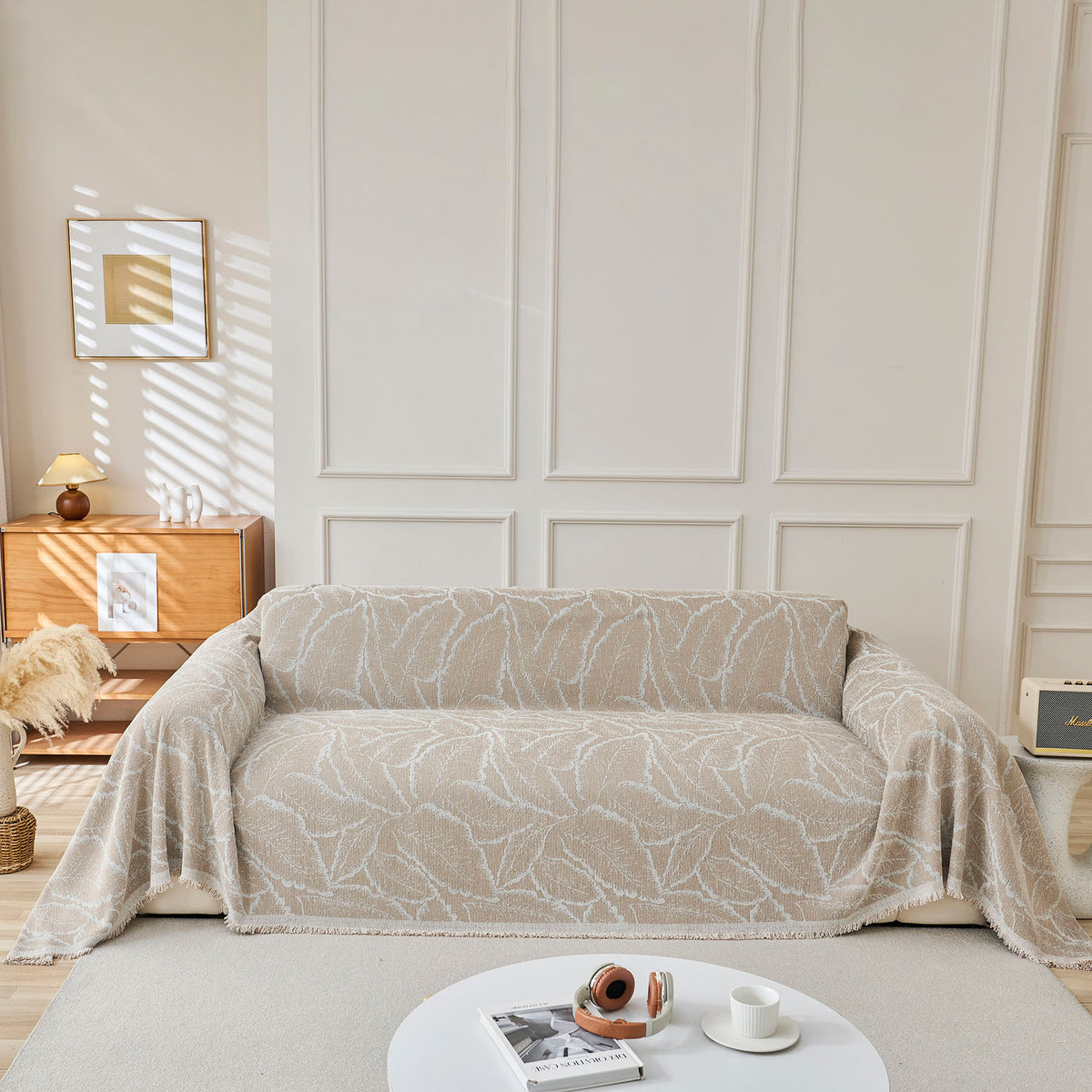 Oversized Leaf Sofa Throw Cover, Botanical Textured Couch Cover for Sectional Sofa