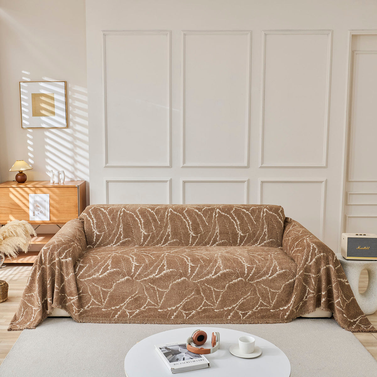 Oversized Leaf Sofa Throw Cover, Botanical Textured Couch Cover for Sectional Sofa