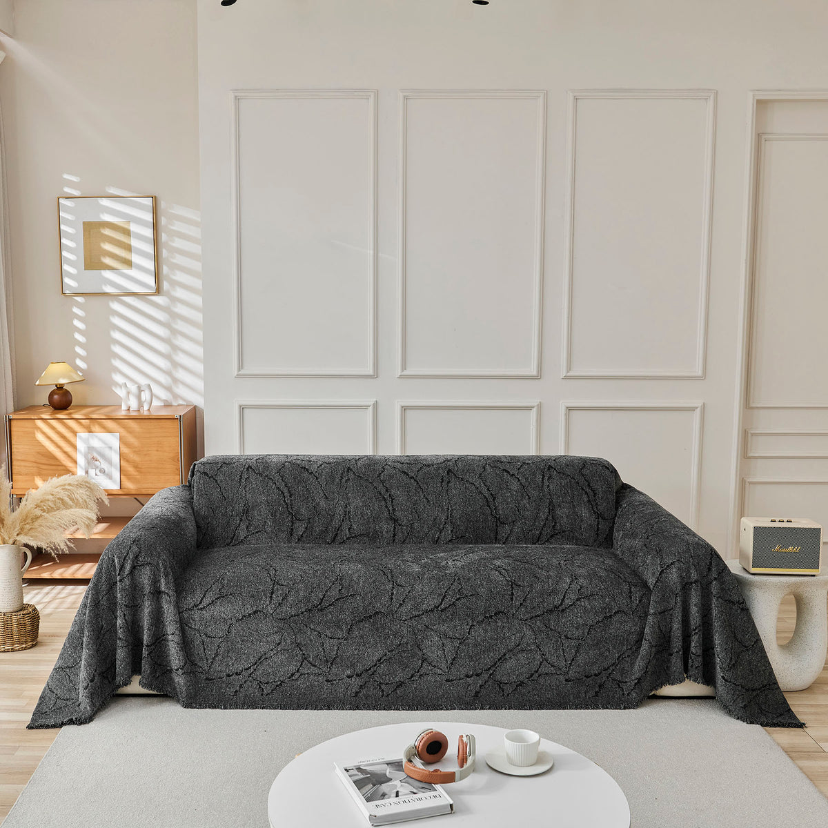 Oversized Leaf Sofa Throw Cover, Botanical Textured Couch Cover for Sectional Sofa