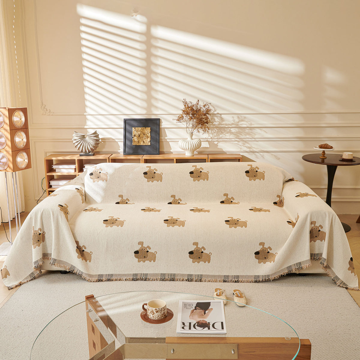 Cute Dog Pattern Chenille Sofa Throw Cover, Textured Woven Furniture Covers for Pets