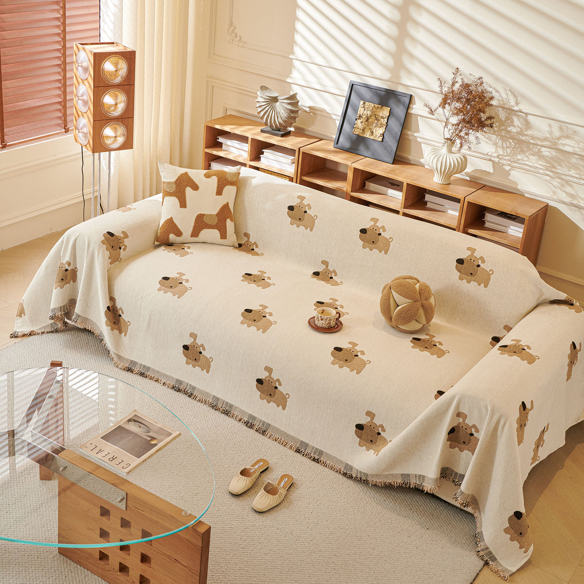 Cute Dog Pattern Chenille Sofa Throw Cover, Textured Woven Furniture Covers for Pets