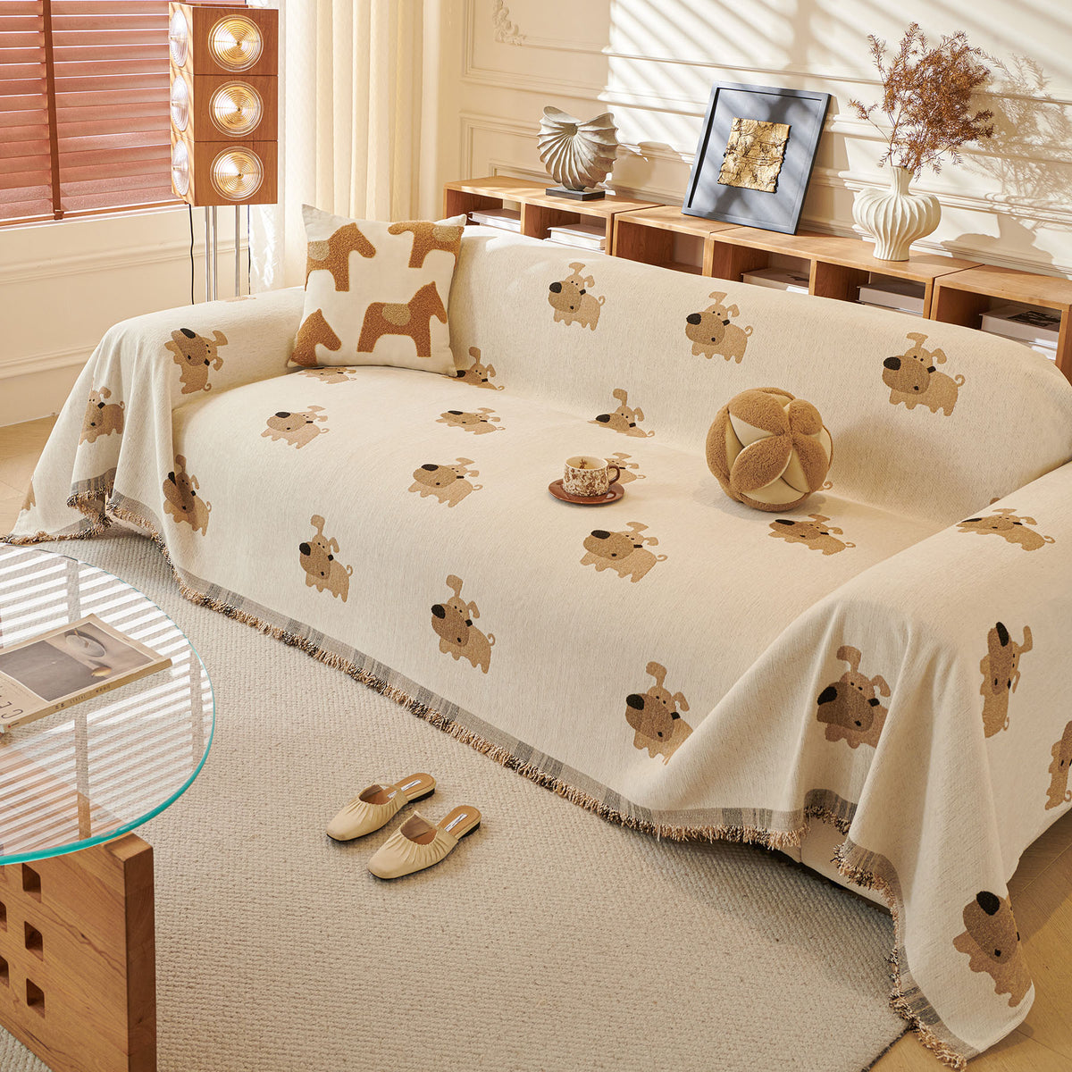 Cute Dog Pattern Chenille Sofa Throw Cover, Textured Woven Furniture Covers for Pets