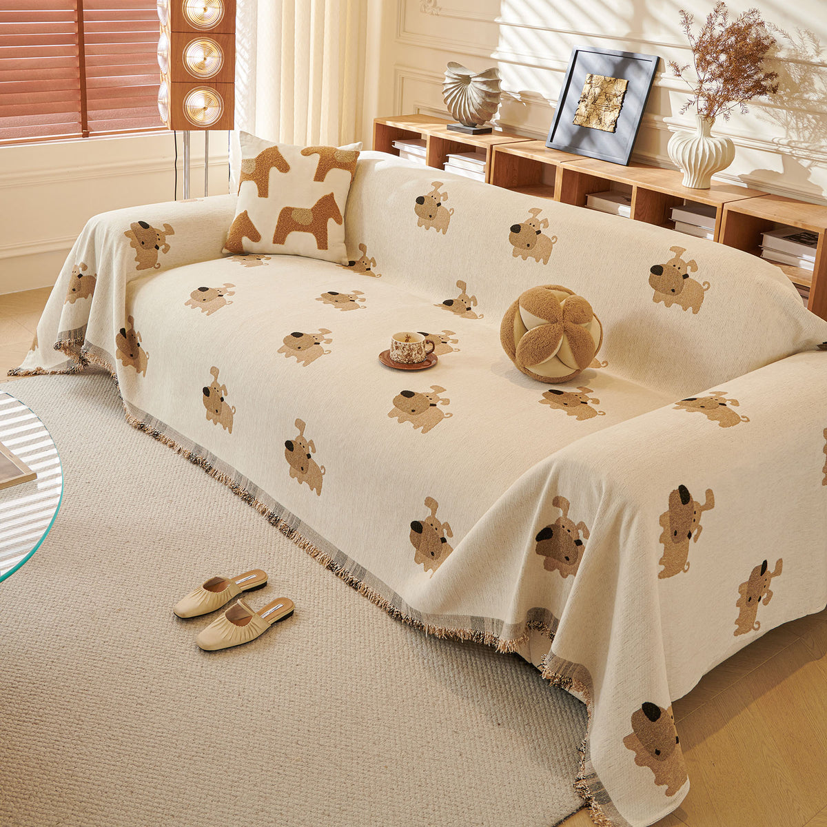 Cute Dog Pattern Chenille Sofa Throw Cover, Textured Woven Furniture Covers for Pets