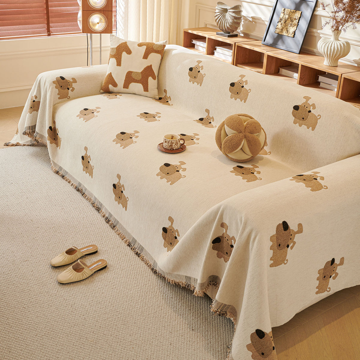 Cute Dog Pattern Chenille Sofa Throw Cover, Textured Woven Furniture Covers for Pets