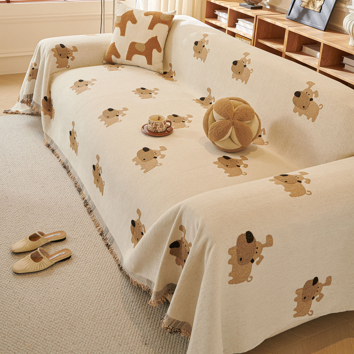 Cute Dog Pattern Chenille Sofa Throw Cover, Textured Woven Furniture Covers for Pets