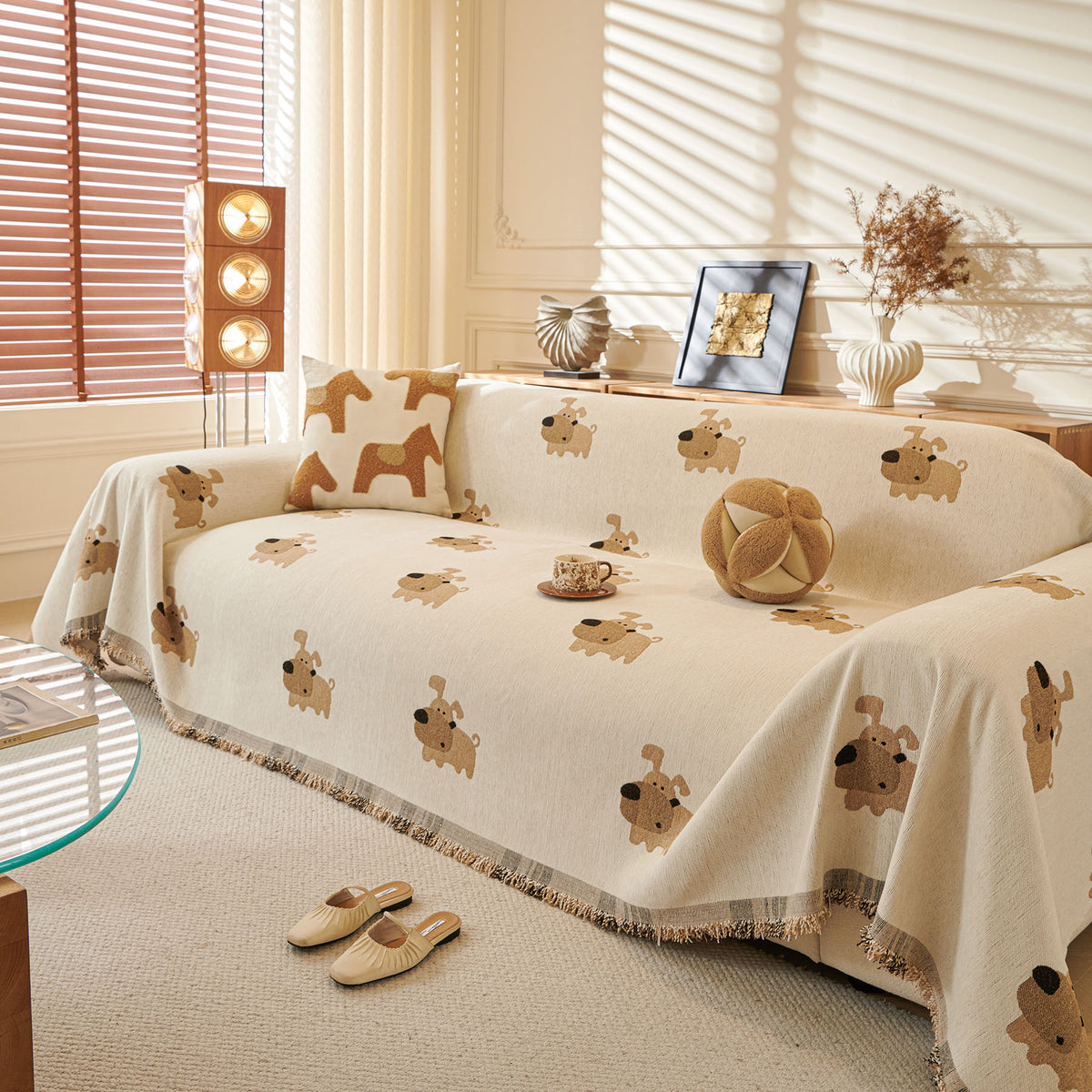 Cute Dog Pattern Chenille Sofa Throw Cover, Textured Woven Furniture Covers for Pets