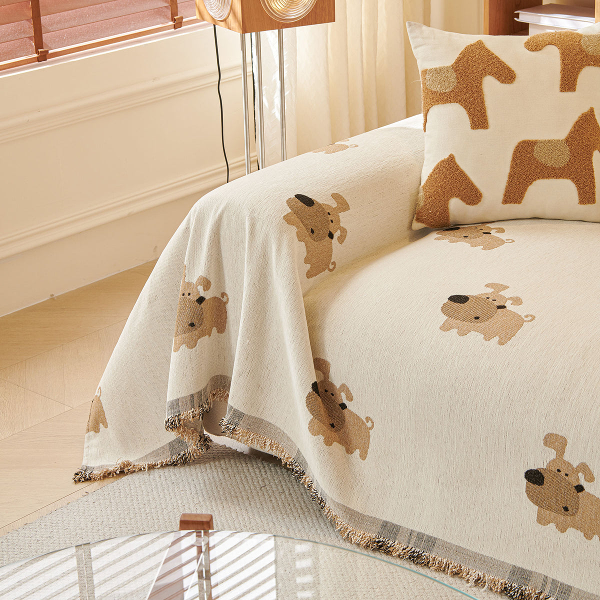 Cute Dog Pattern Chenille Sofa Throw Cover, Textured Woven Furniture Covers for Pets