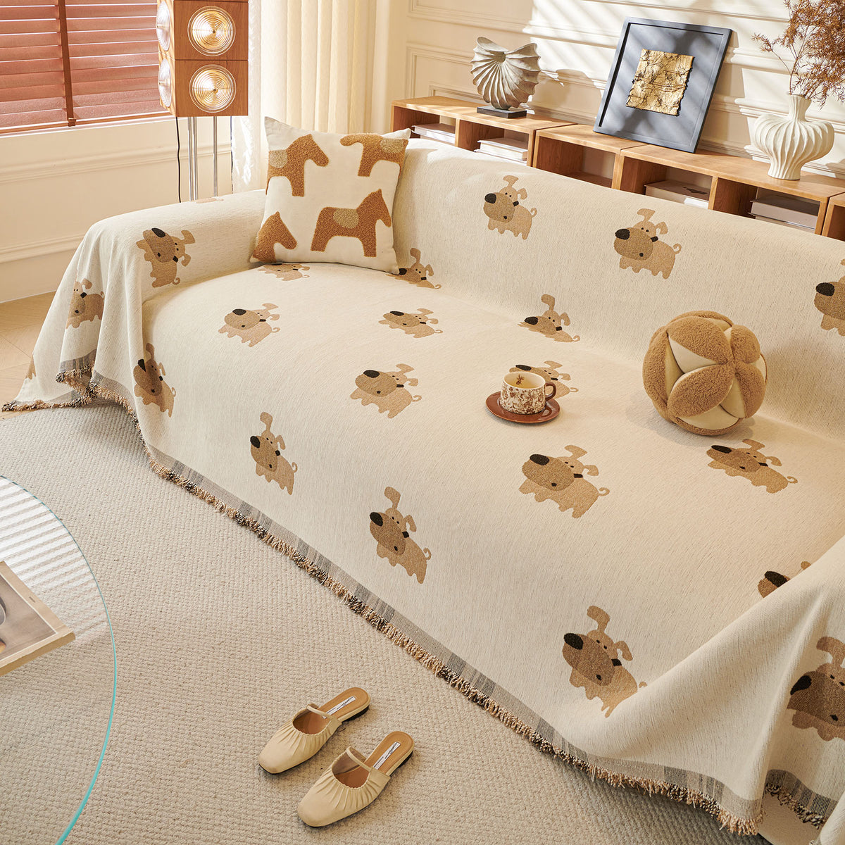 Cute Dog Pattern Chenille Sofa Throw Cover, Textured Woven Furniture Covers for Pets