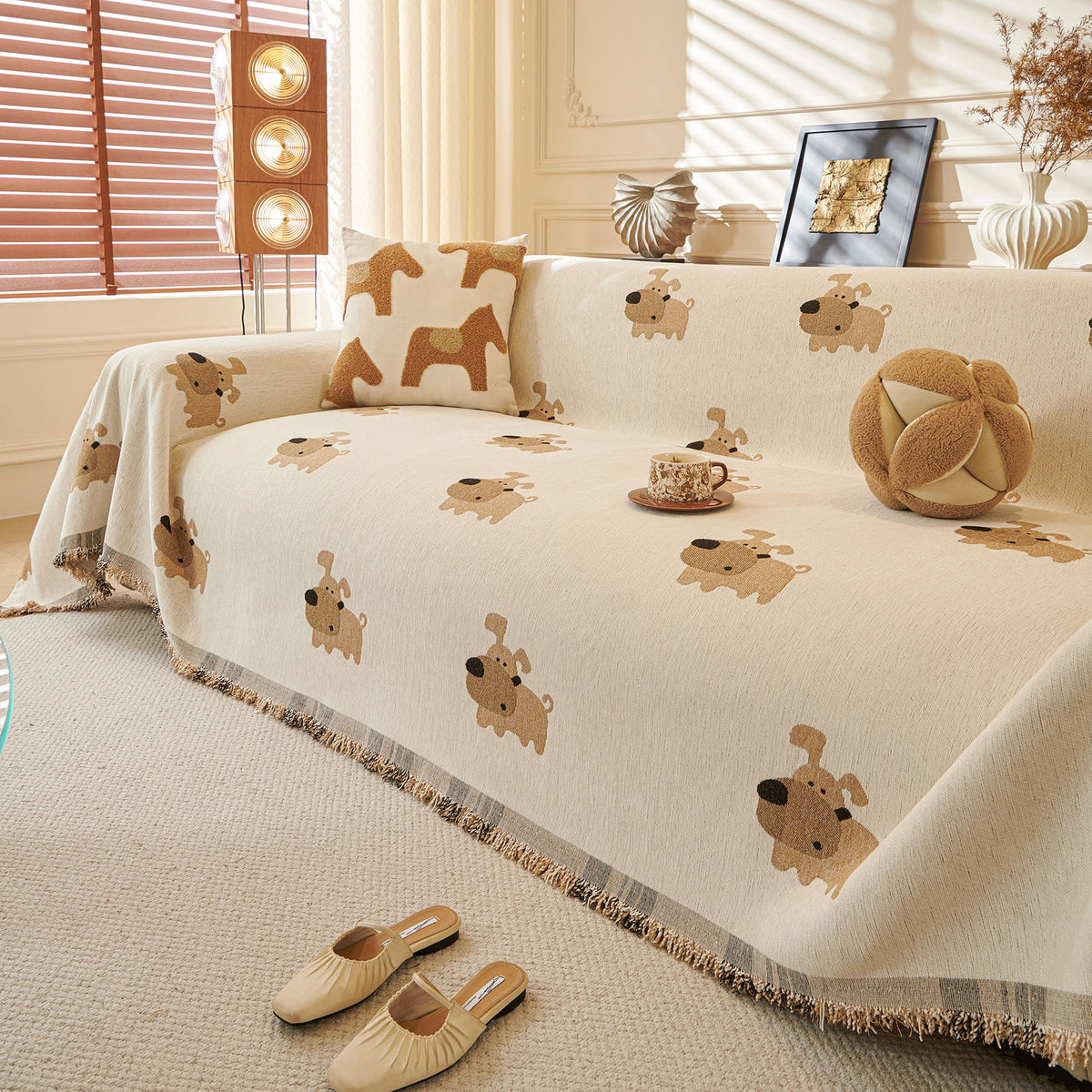 Cute Dog Pattern Chenille Sofa Throw Cover, Textured Woven Furniture Covers for Pets