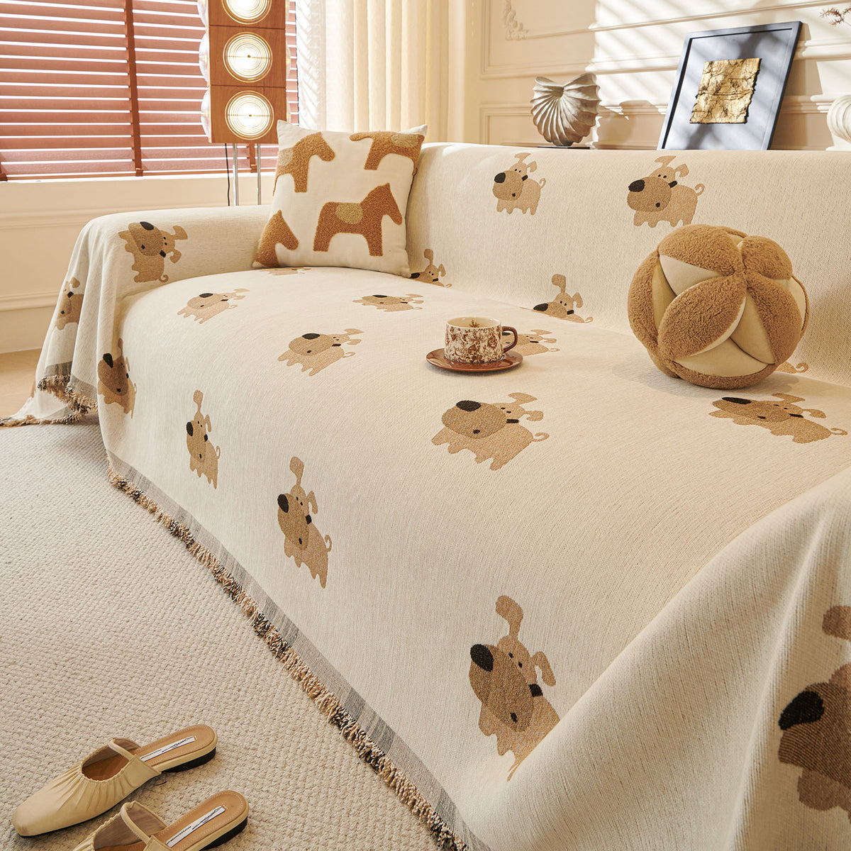 Cute Dog Pattern Chenille Sofa Throw Cover, Textured Woven Furniture Covers for Pets