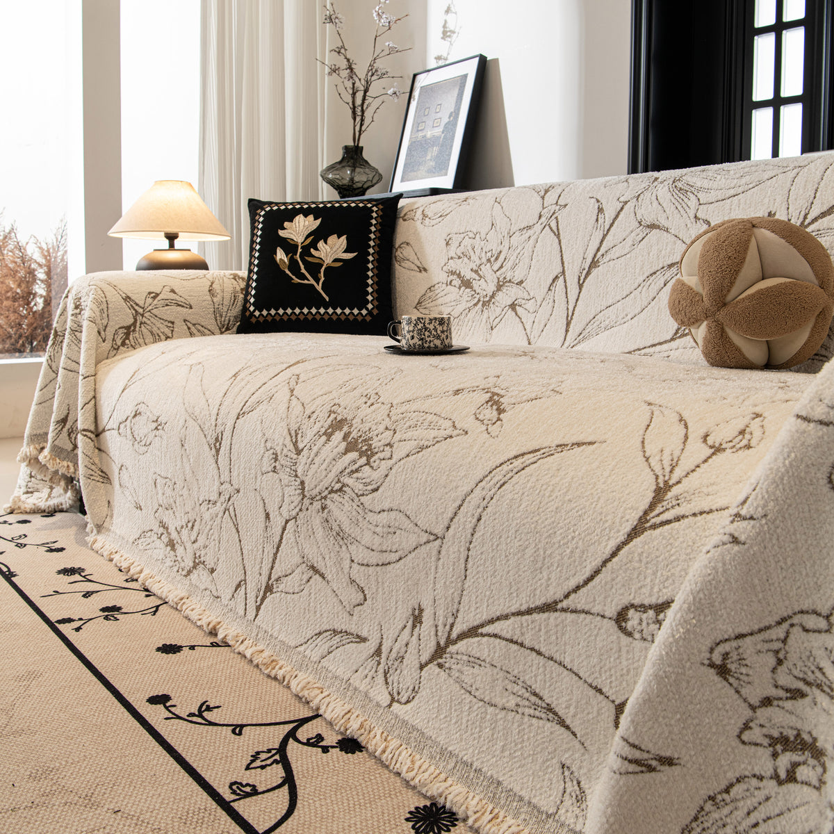 Large Floral Sofa Cover Throw Blanket, Plush Jacquard Non-Shedding Couch Cover for Pets Orange / 180x260cm (70