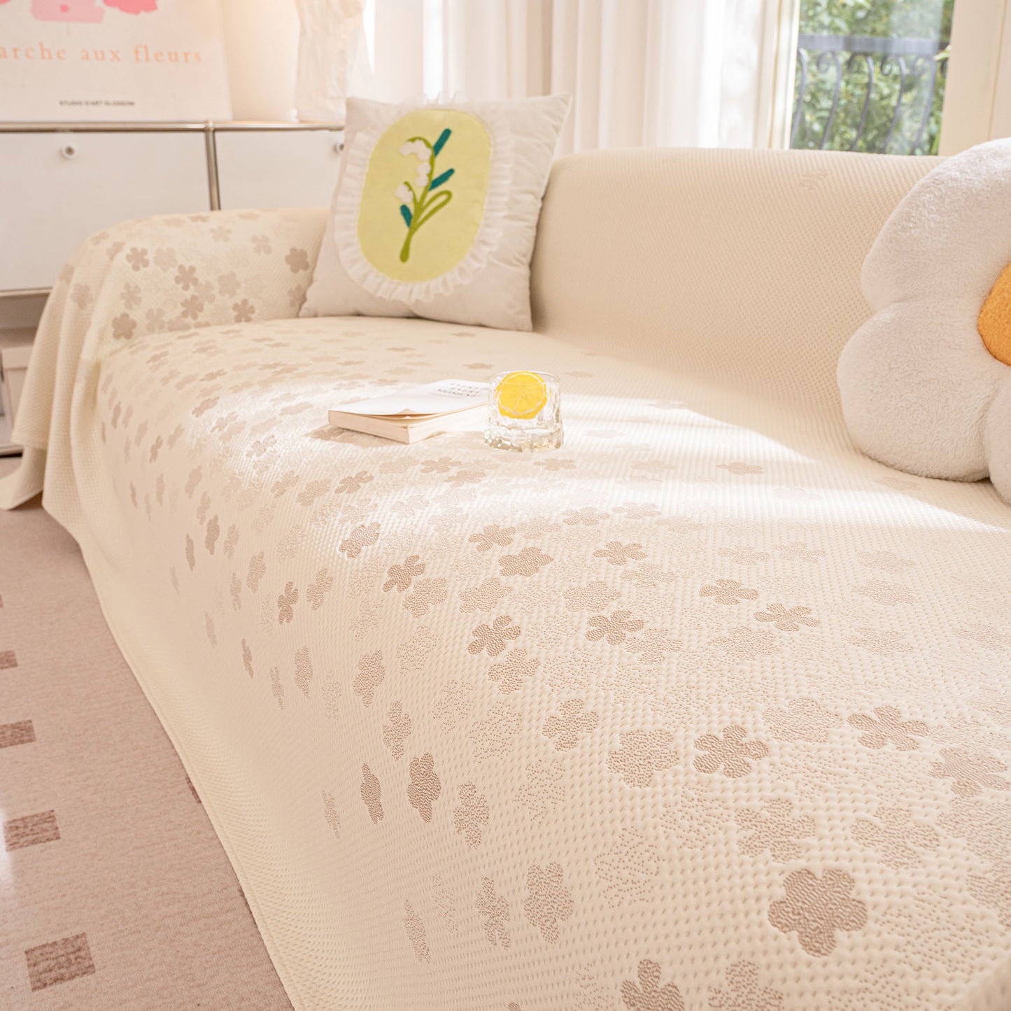 Cooling Ice Silk Sofa Cover Blanket, Floral Soft Silky Breathable Couch Throw Cover