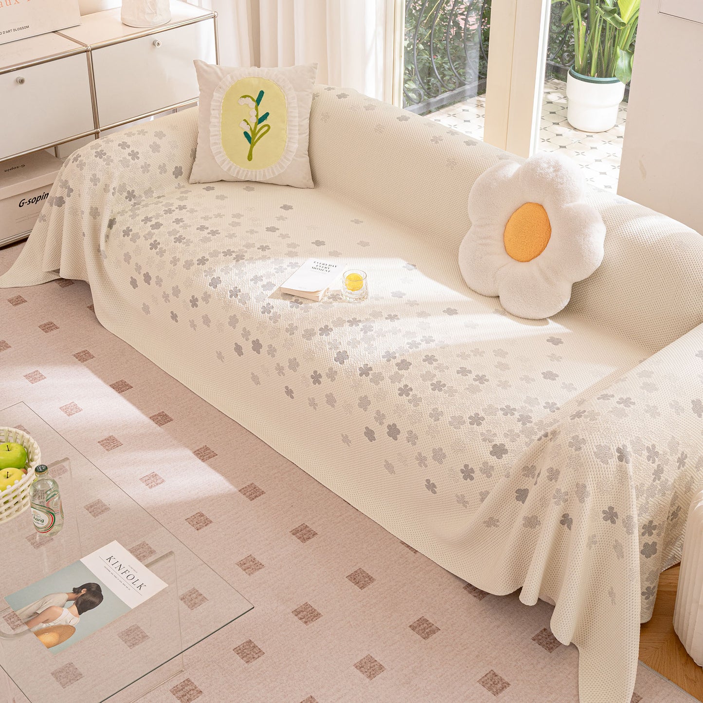 Cooling Ice Silk Sofa Cover Blanket, Floral Soft Silky Breathable Couch Throw Cover
