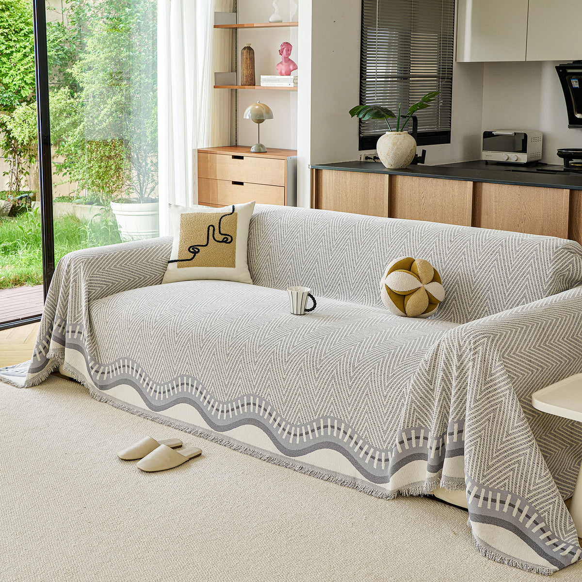 Modern Boho Chenille Herringbone Sofa Throw Cover, Geometric Couch Protector with Fringe