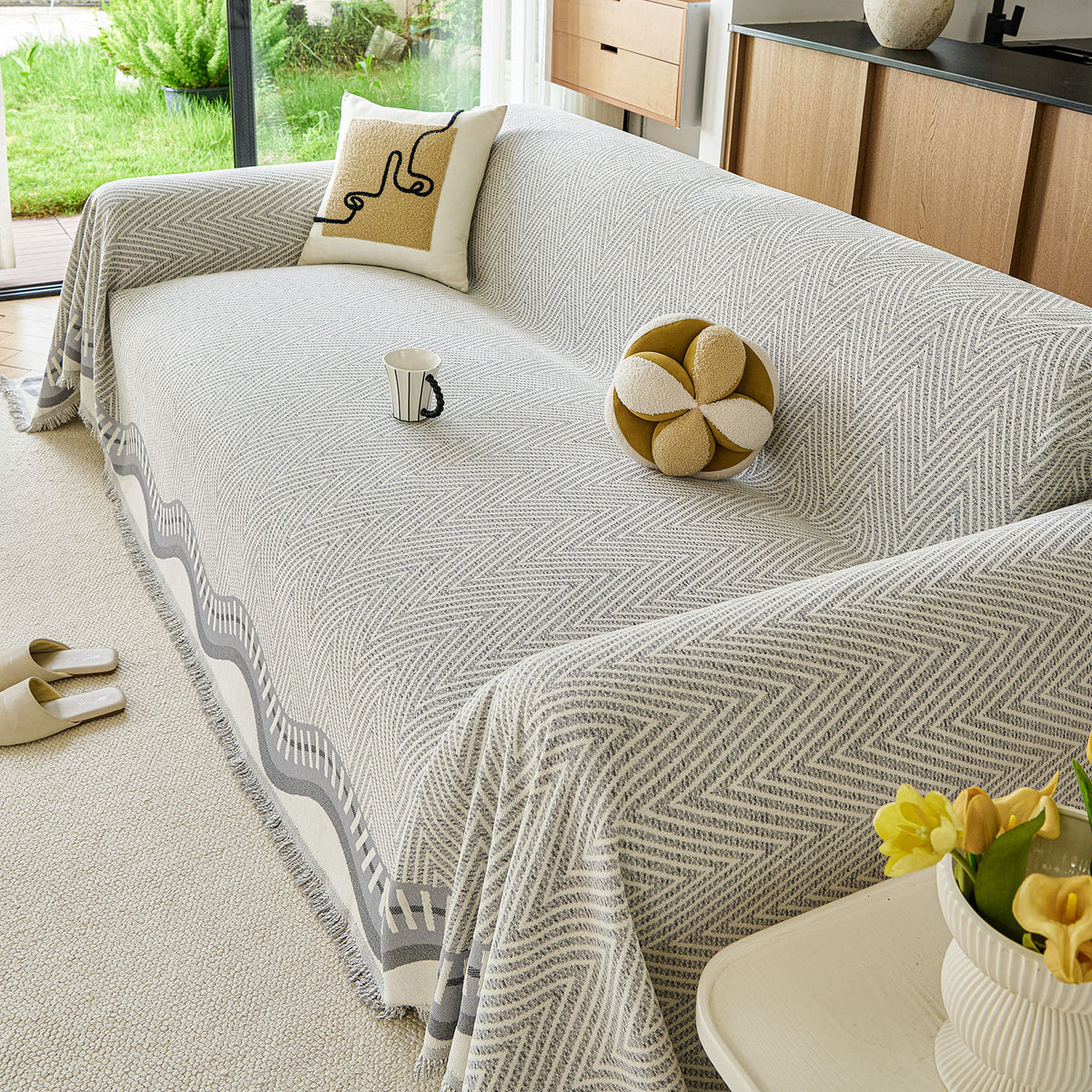 Modern Boho Chenille Herringbone Sofa Throw Cover, Geometric Couch Protector with Fringe