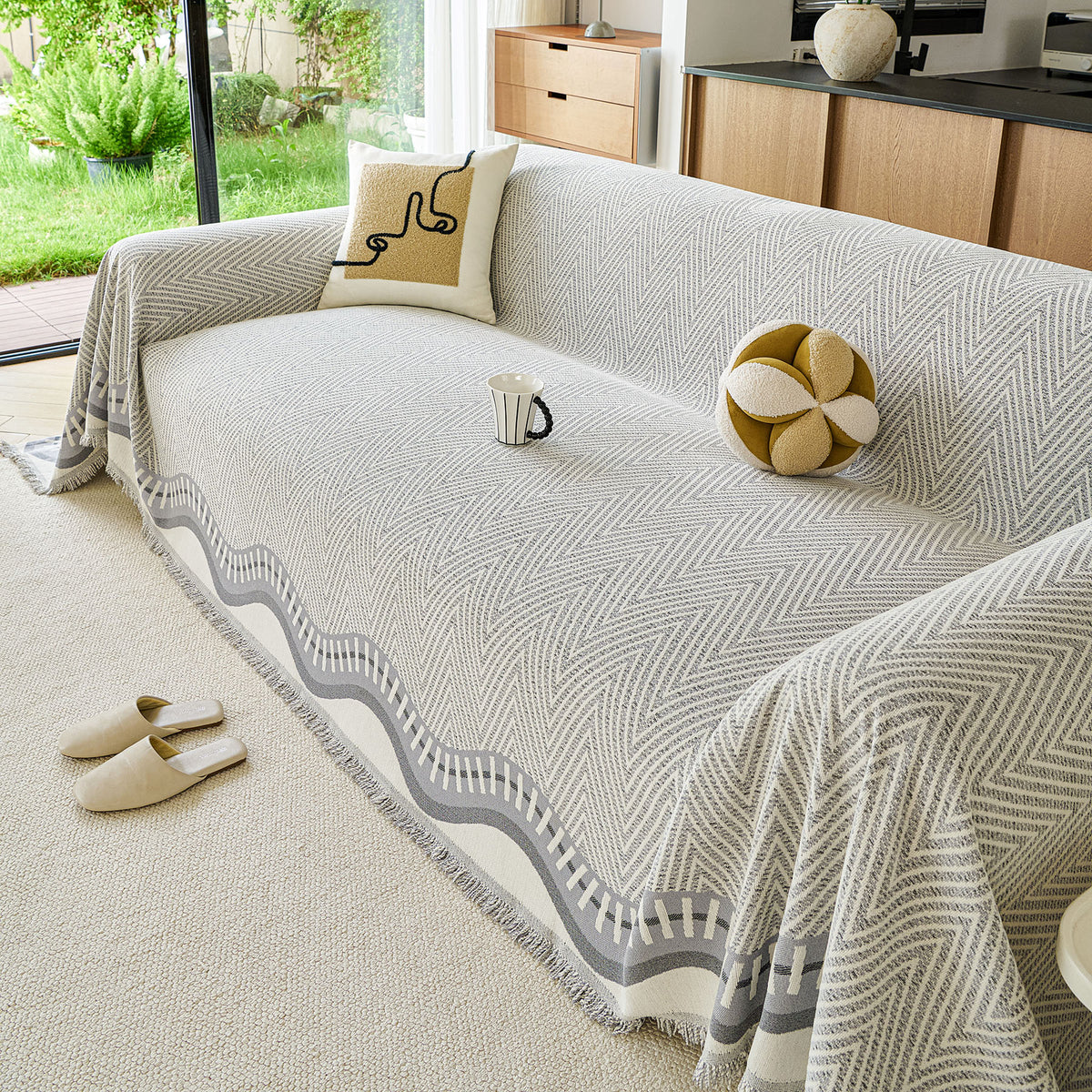 Modern Boho Chenille Herringbone Sofa Throw Cover, Geometric Couch Protector with Fringe