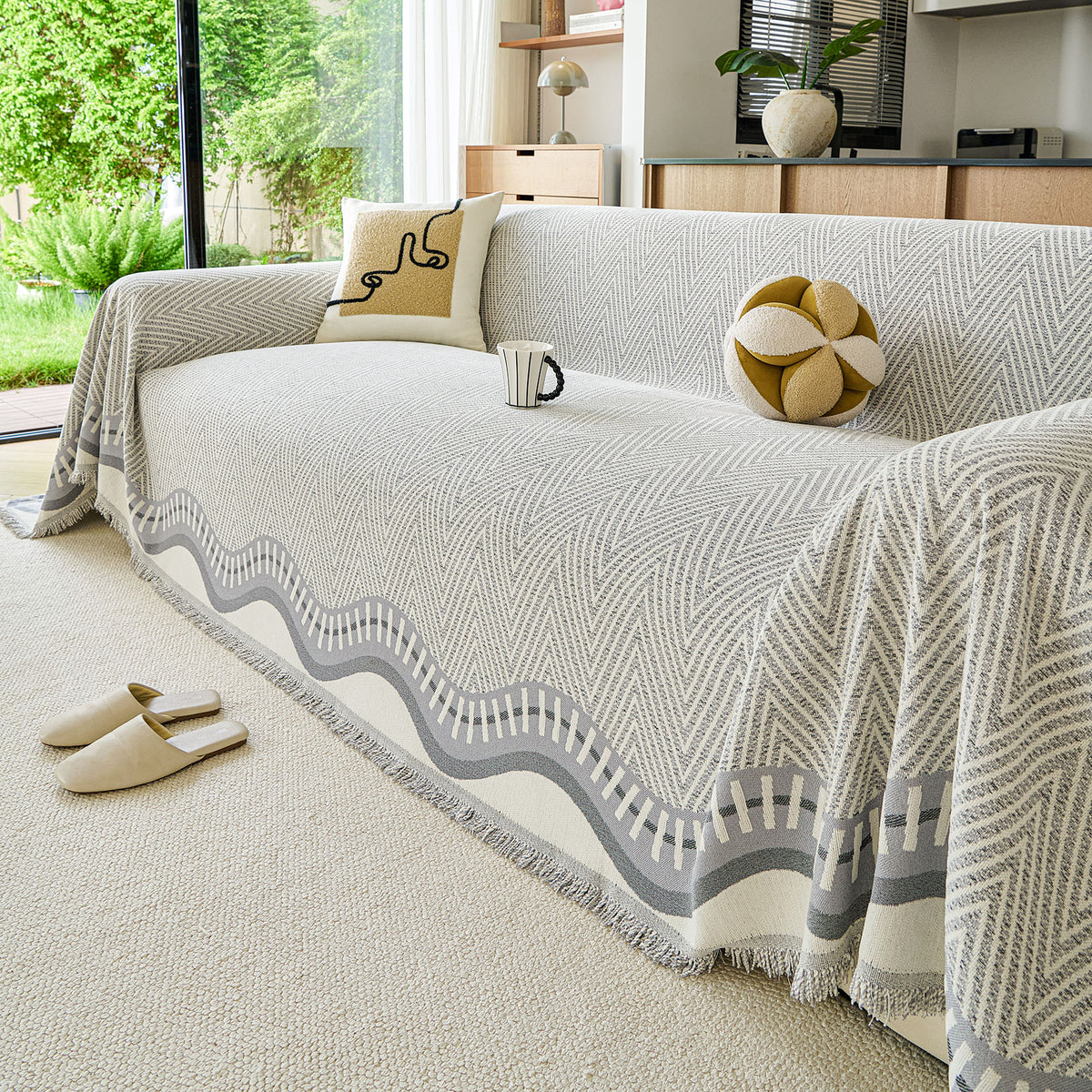 Modern Boho Chenille Herringbone Sofa Throw Cover, Geometric Couch Protector with Fringe