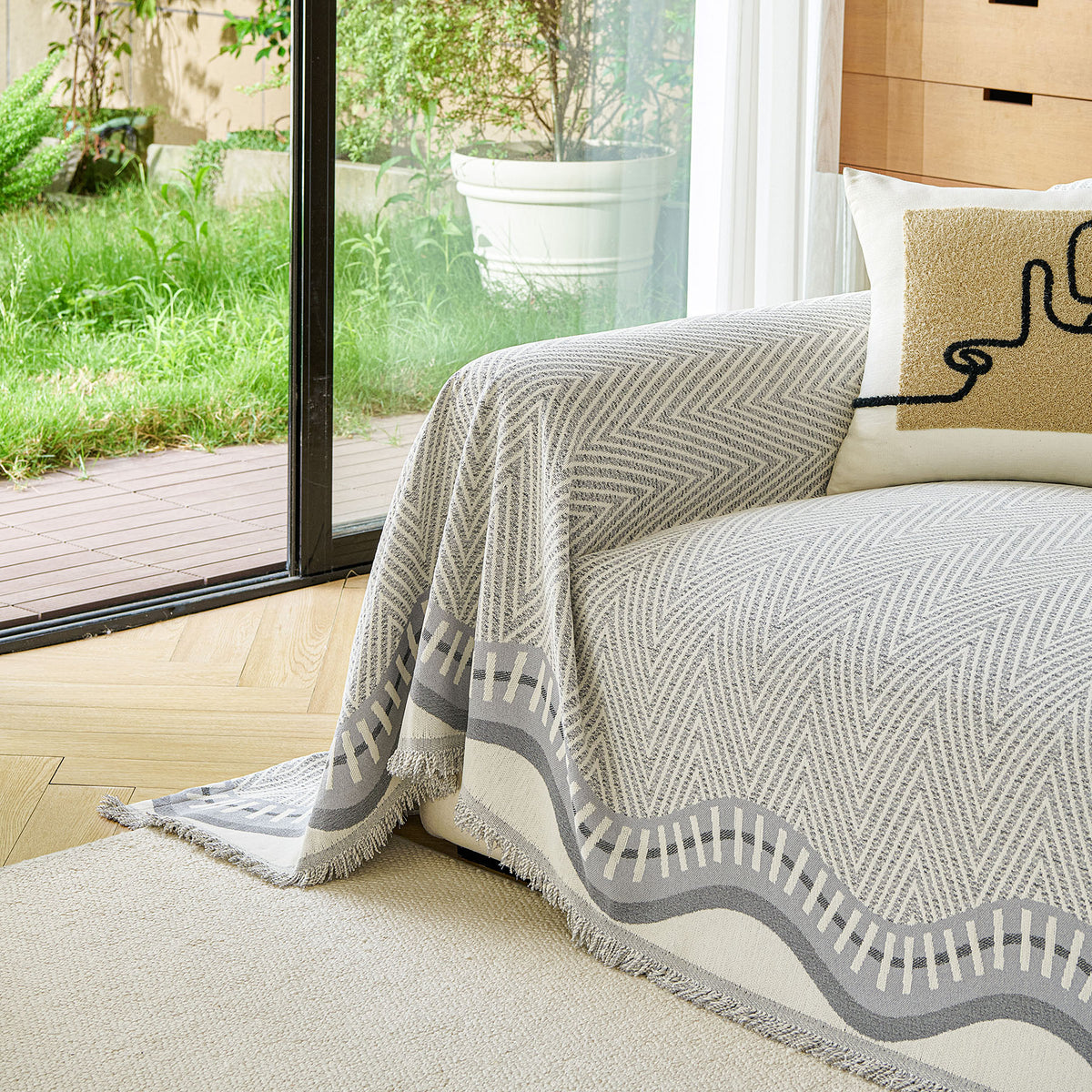 Modern Boho Chenille Herringbone Sofa Throw Cover, Geometric Couch Protector with Fringe