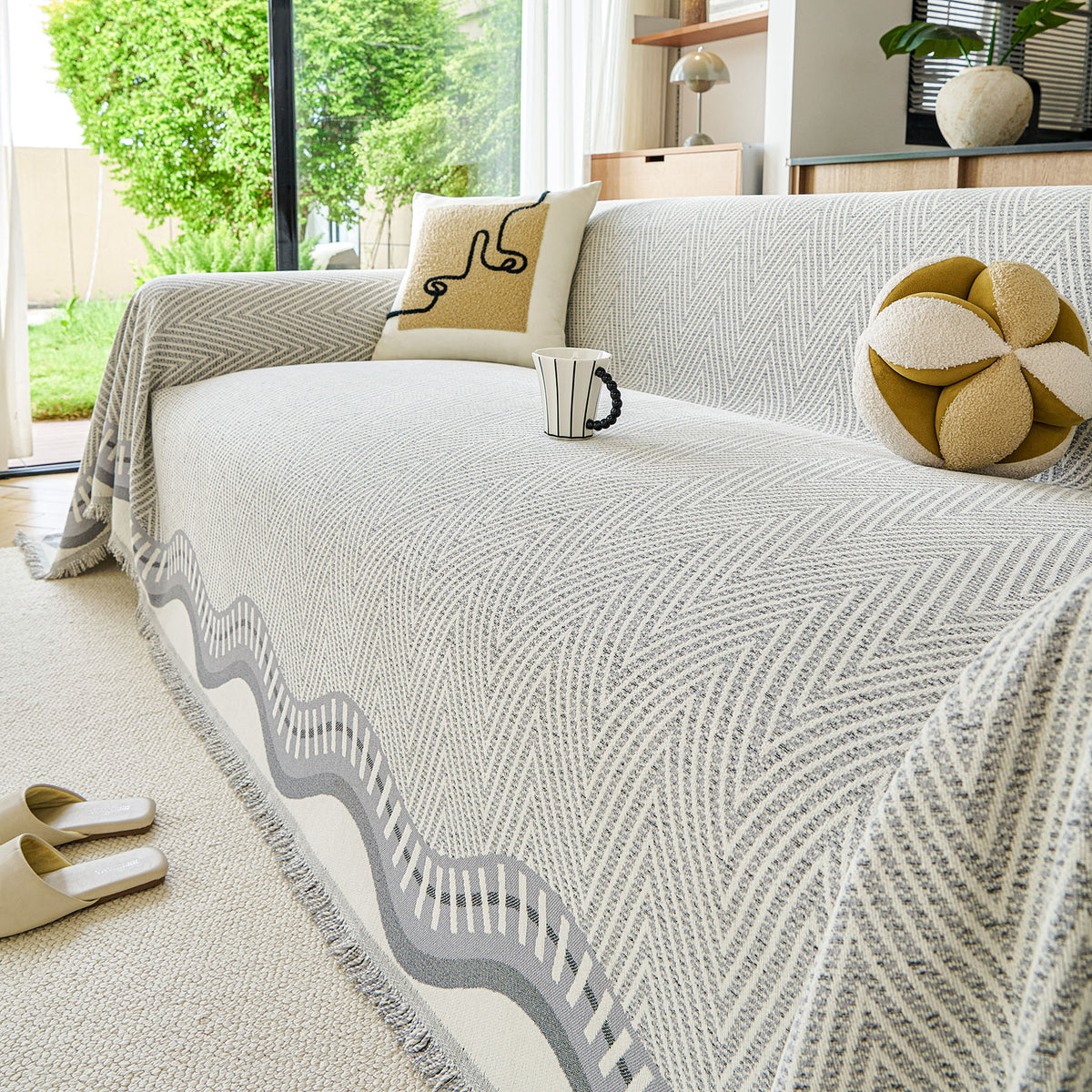 Modern Boho Chenille Herringbone Sofa Throw Cover, Geometric Couch Protector with Fringe