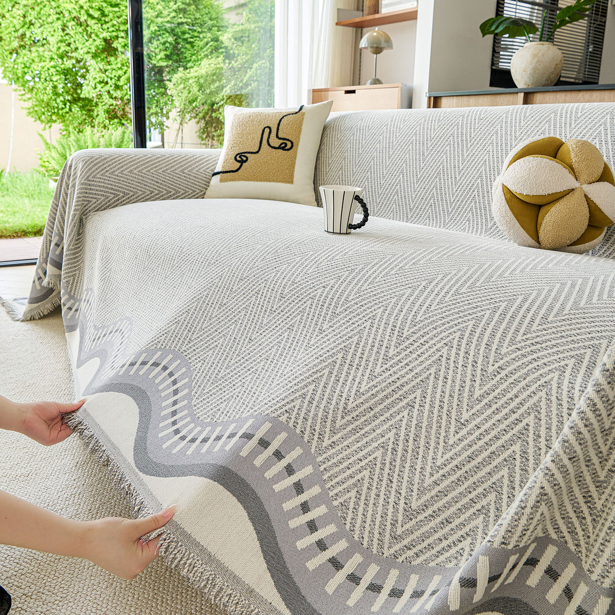 Modern Boho Chenille Herringbone Sofa Throw Cover, Geometric Couch Protector with Fringe