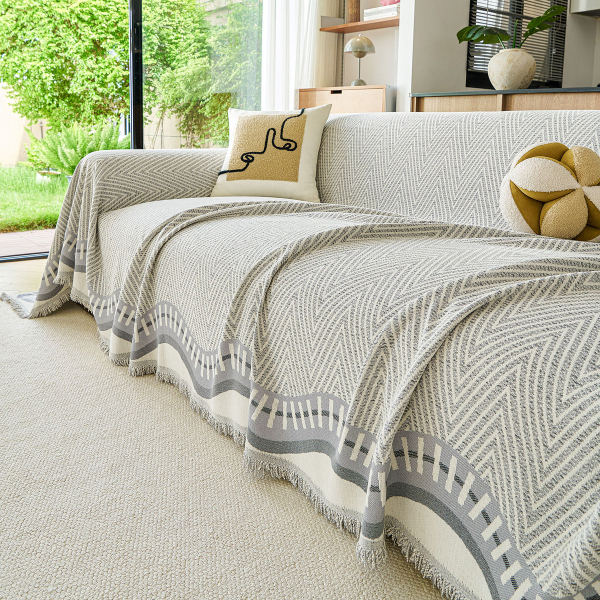Modern Boho Chenille Herringbone Sofa Throw Cover, Geometric Couch Protector with Fringe